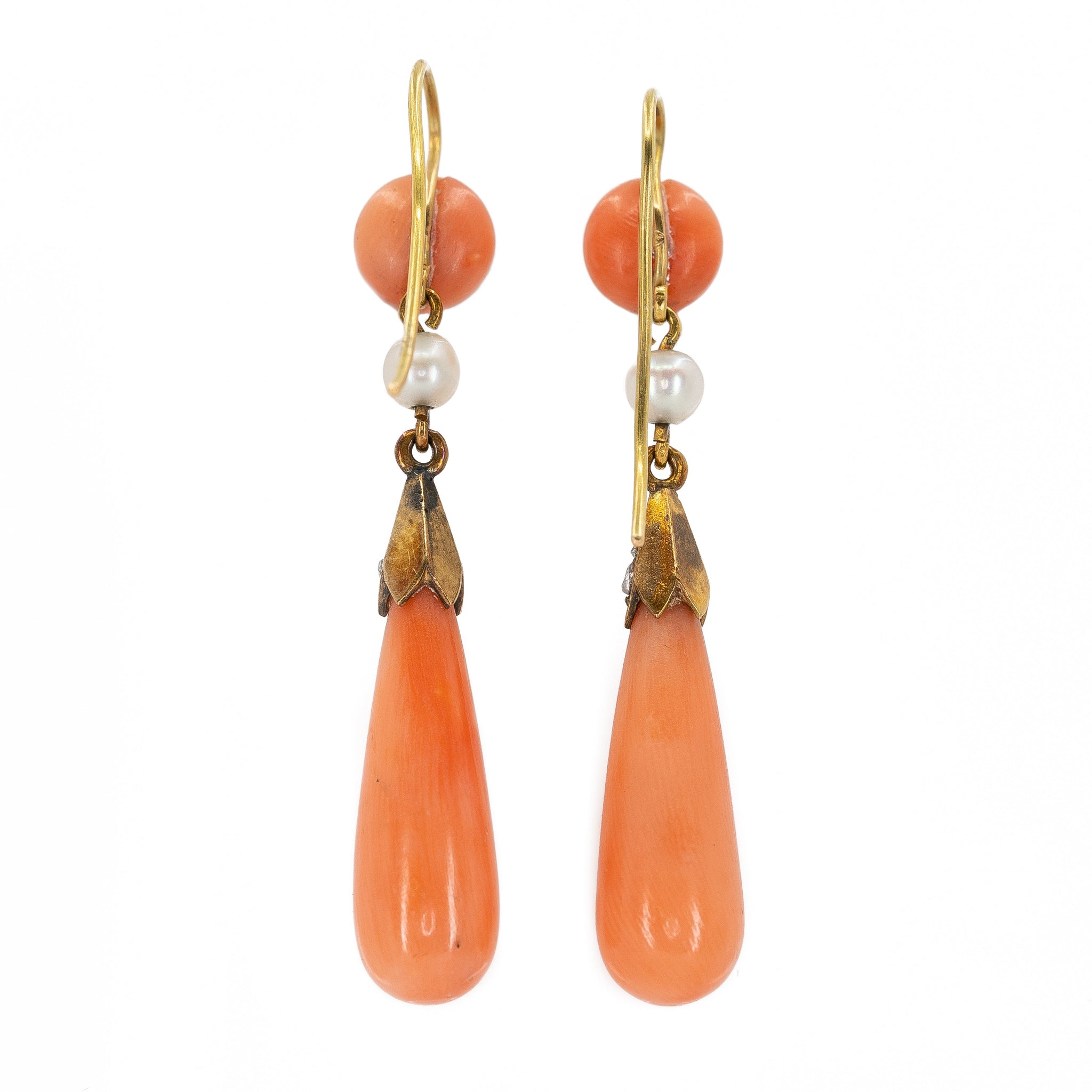 Victorian Coral, Pearl and Diamond Earrings-Charlotte Sayers Antique Jewellery