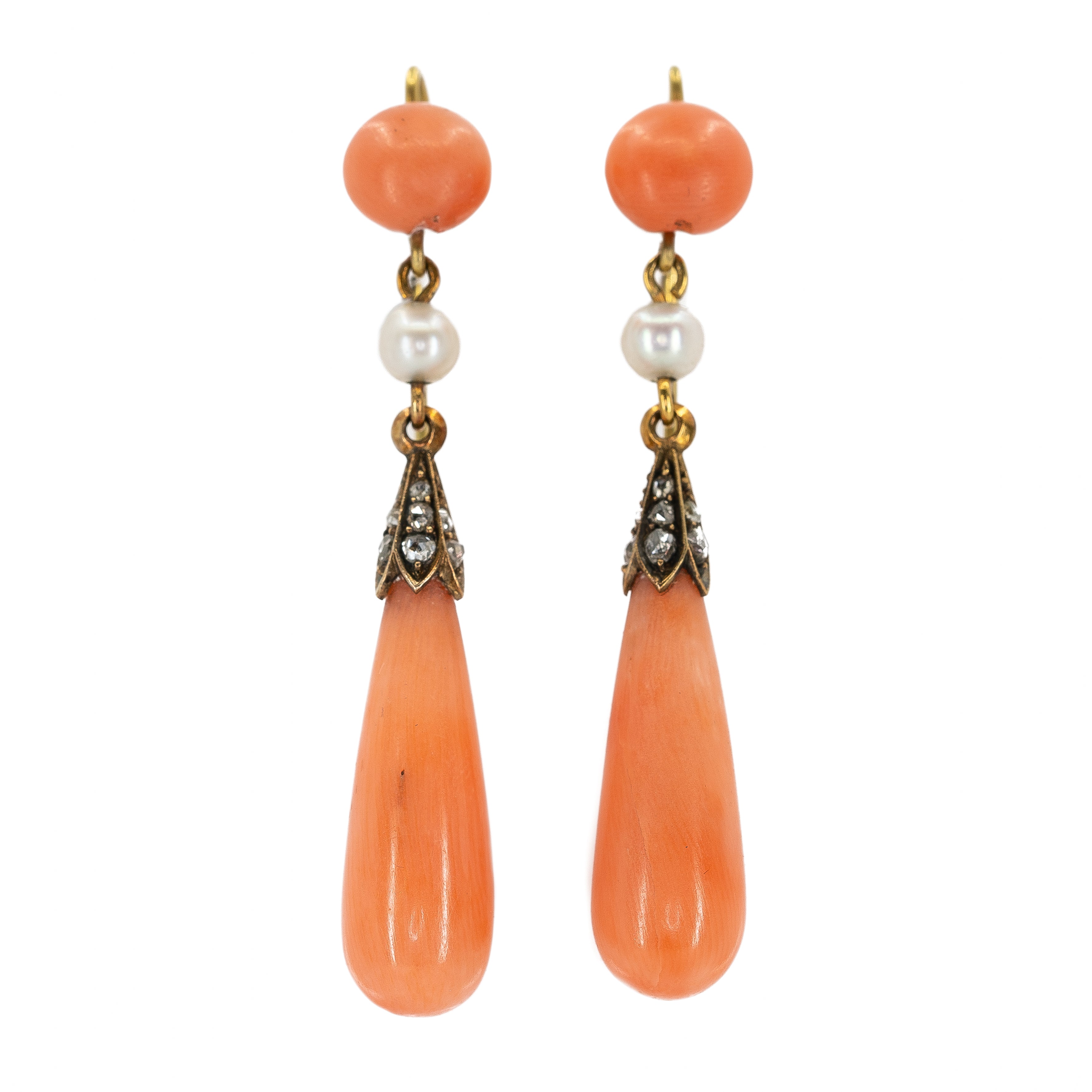 Victorian Coral, Pearl and Diamond Earrings-Charlotte Sayers Antique Jewellery