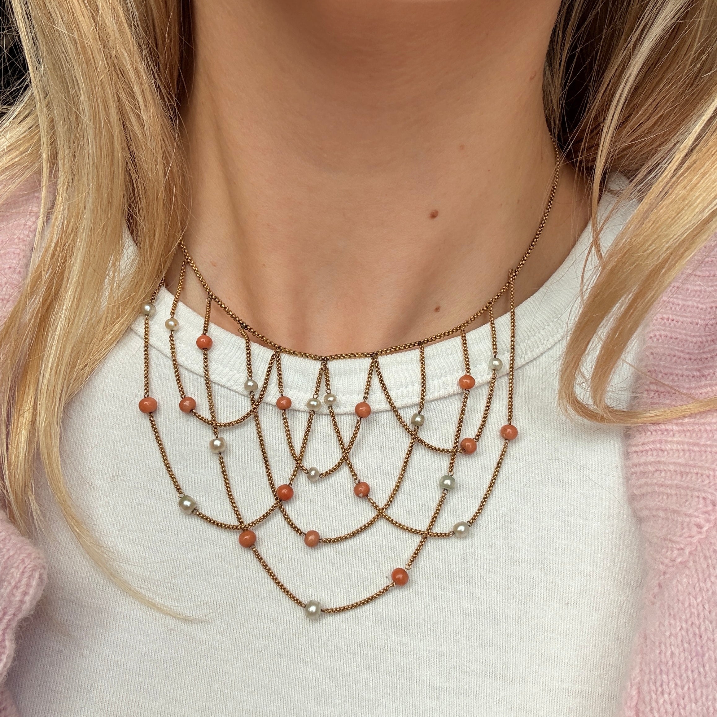 Victorian Coral and Pearl Swag Necklace-Charlotte Sayers Antique Jewellery