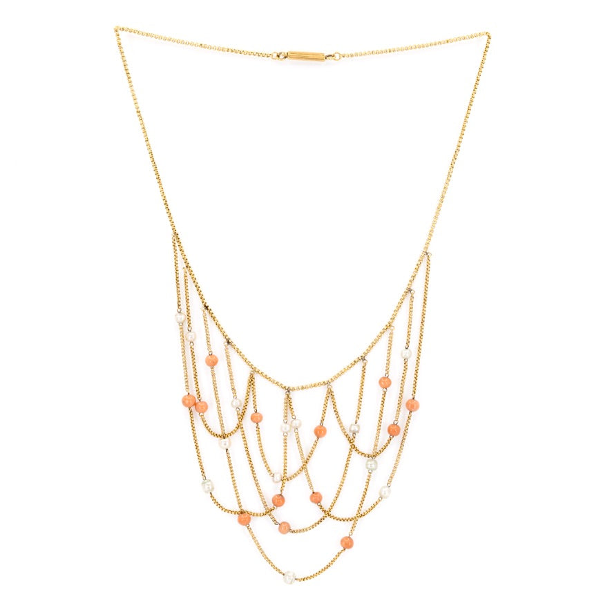 Victorian Coral and Pearl Swag Necklace-Charlotte Sayers Antique Jewellery
