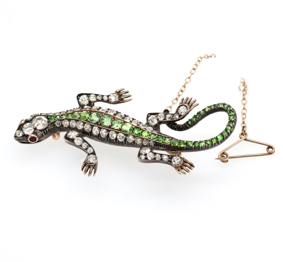 Victorian Demantoid Garnet and Diamond Salamander Brooch-Charlotte Sayers Antique Jewellery