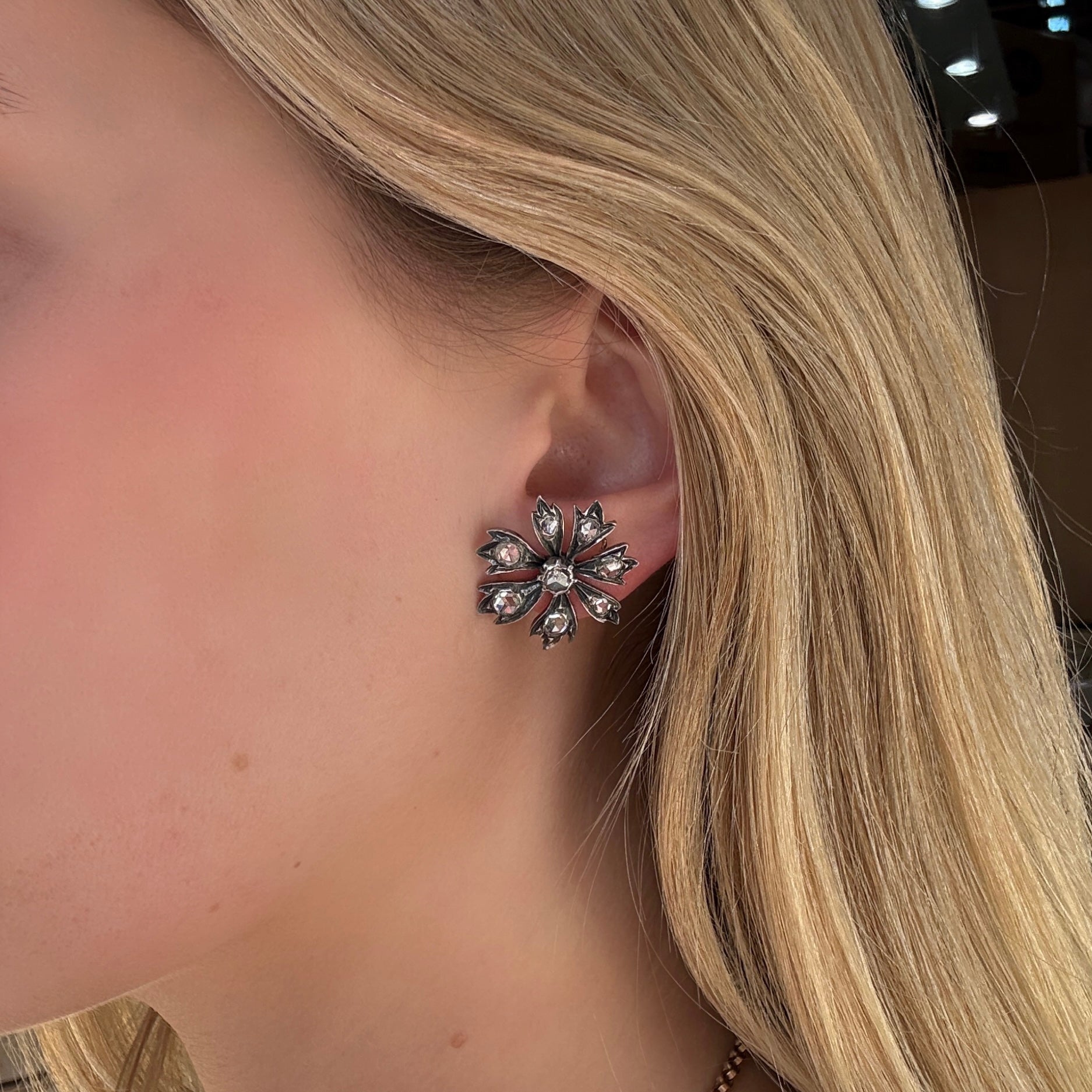 Victorian Diamond Flower Earrings-Charlotte Sayers Antique Jewellery