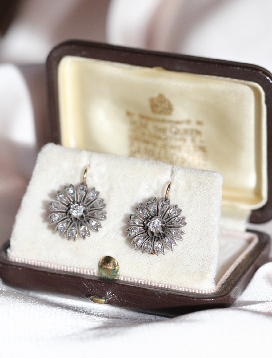 Victorian Diamond Flower Earrings-Charlotte Sayers Antique Jewellery
