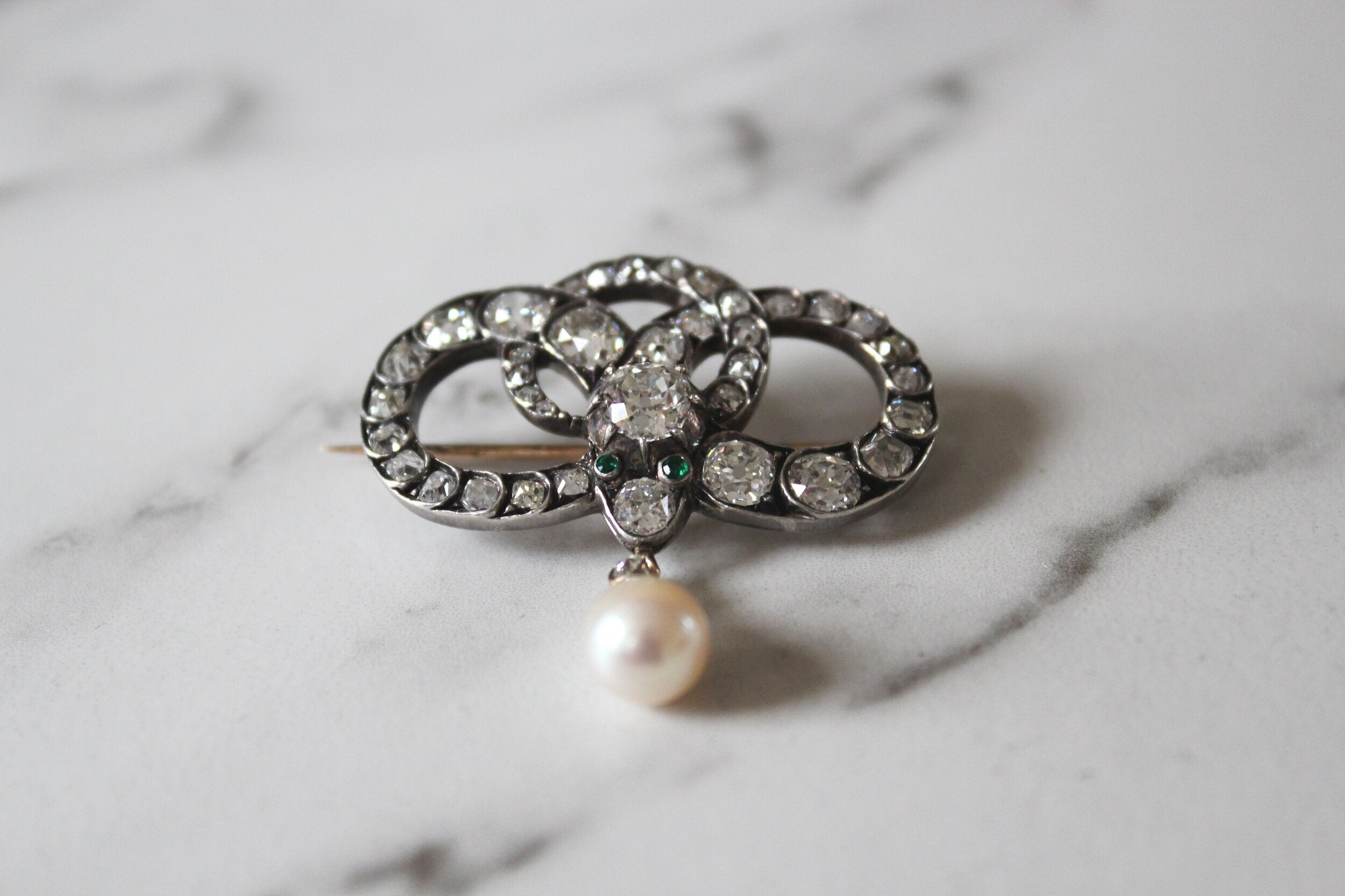 Victorian Diamond Natural Pearl Snake Brooch-Charlotte Sayers Antique Jewellery