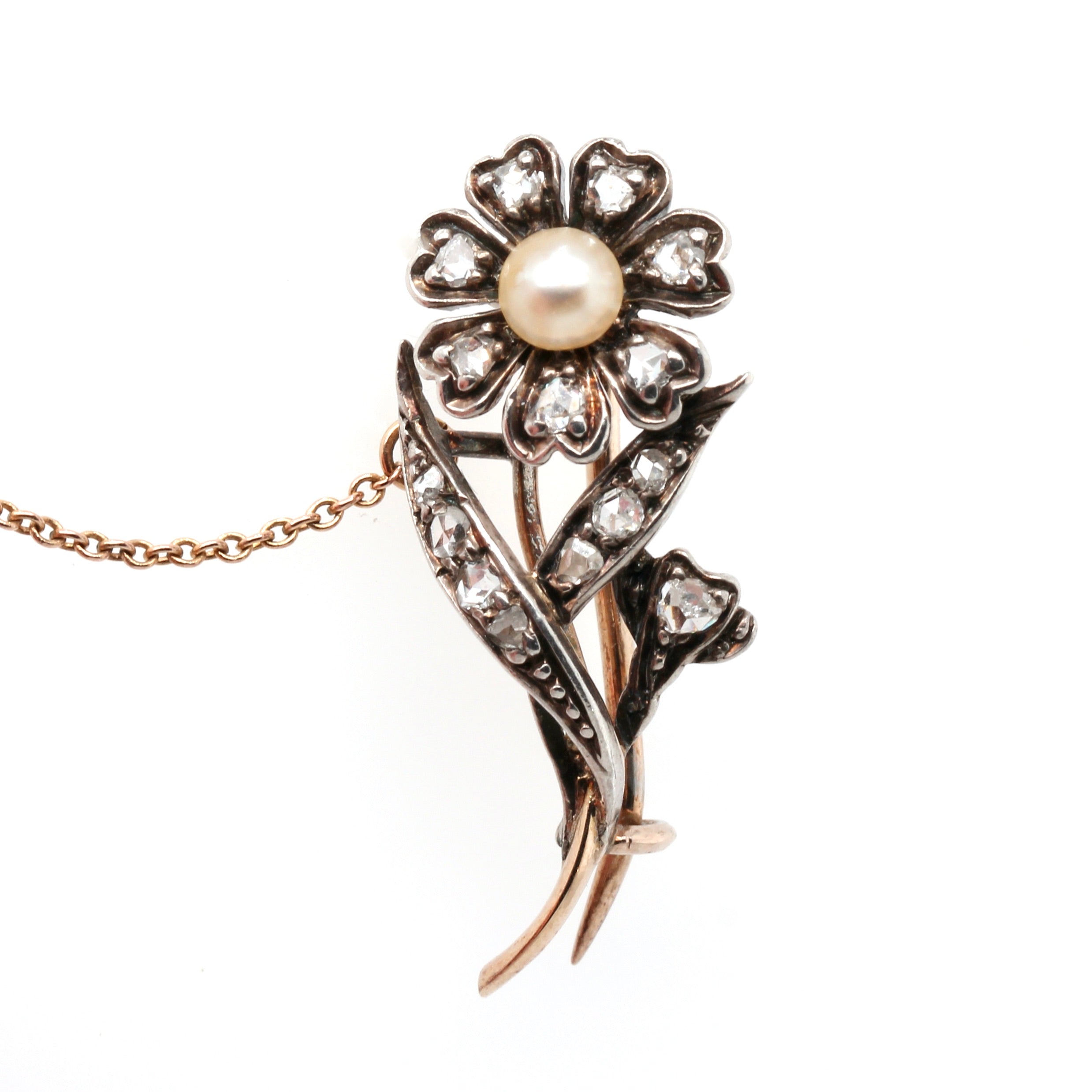 Victorian Diamond Pearl Flower Brooch-Charlotte Sayers Antique Jewellery