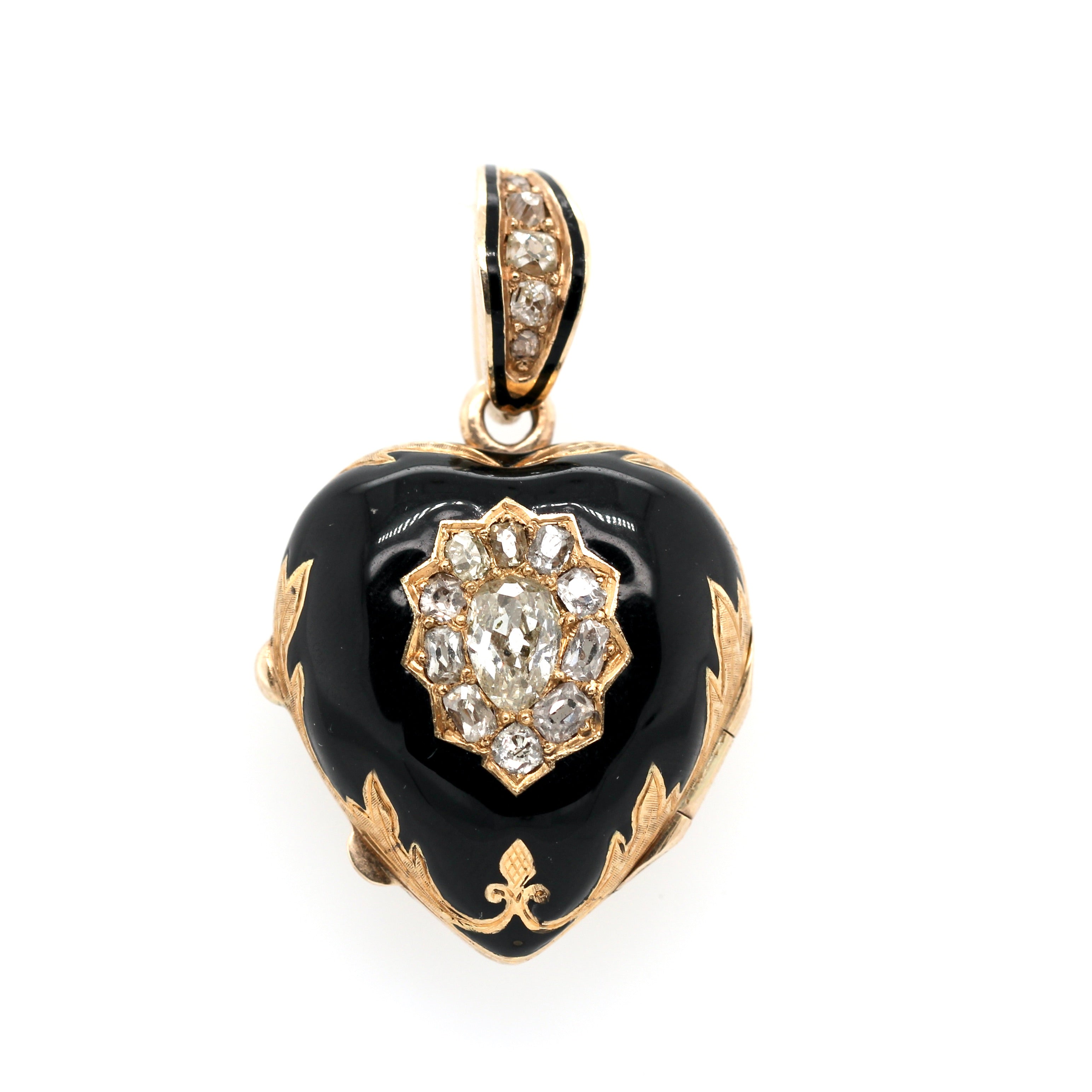 Victorian Diamond and Black Enamel Heart Pendant-Charlotte Sayers Antique Jewellery