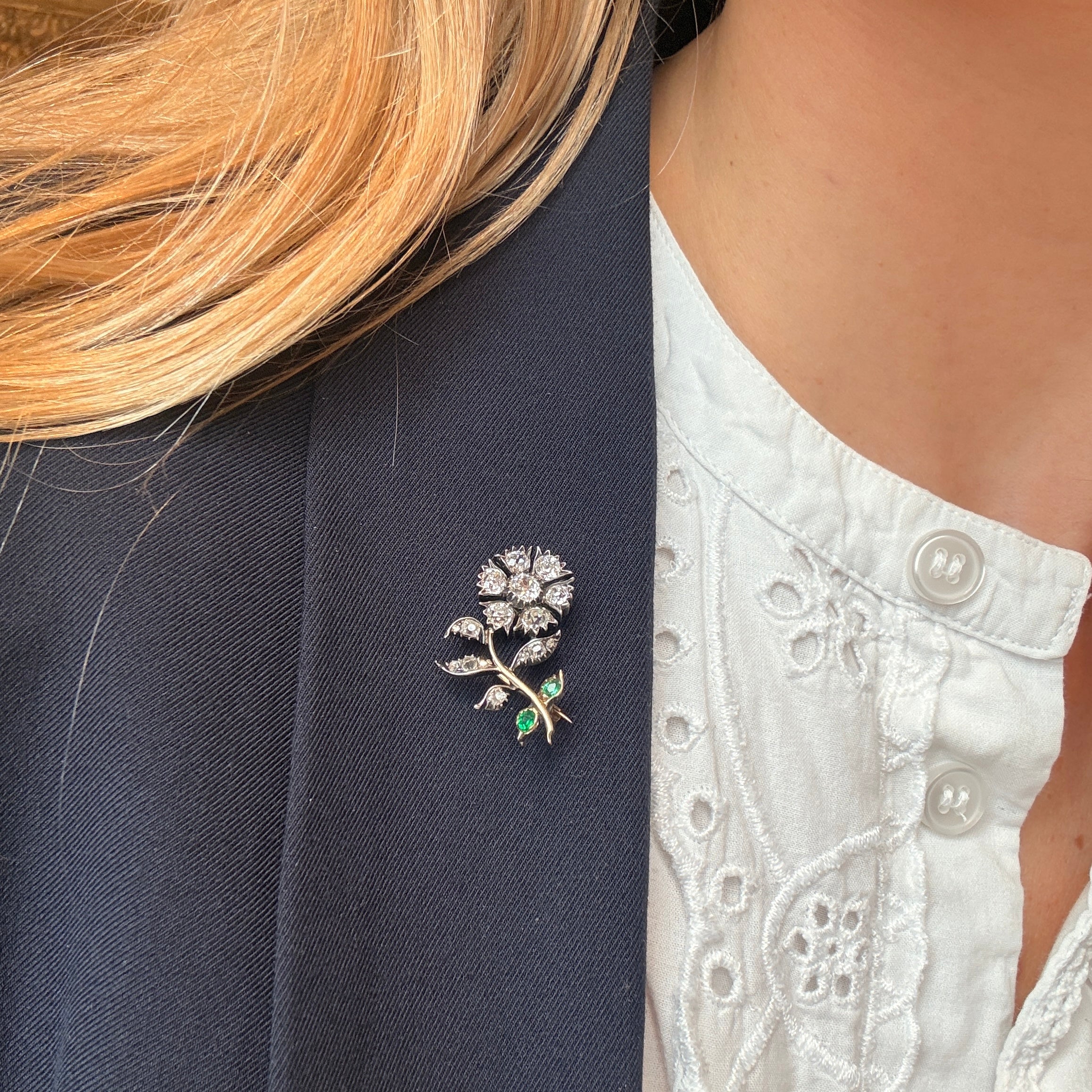 Victorian Diamond and Emerald Flower Brooch-Charlotte Sayers Antique Jewellery