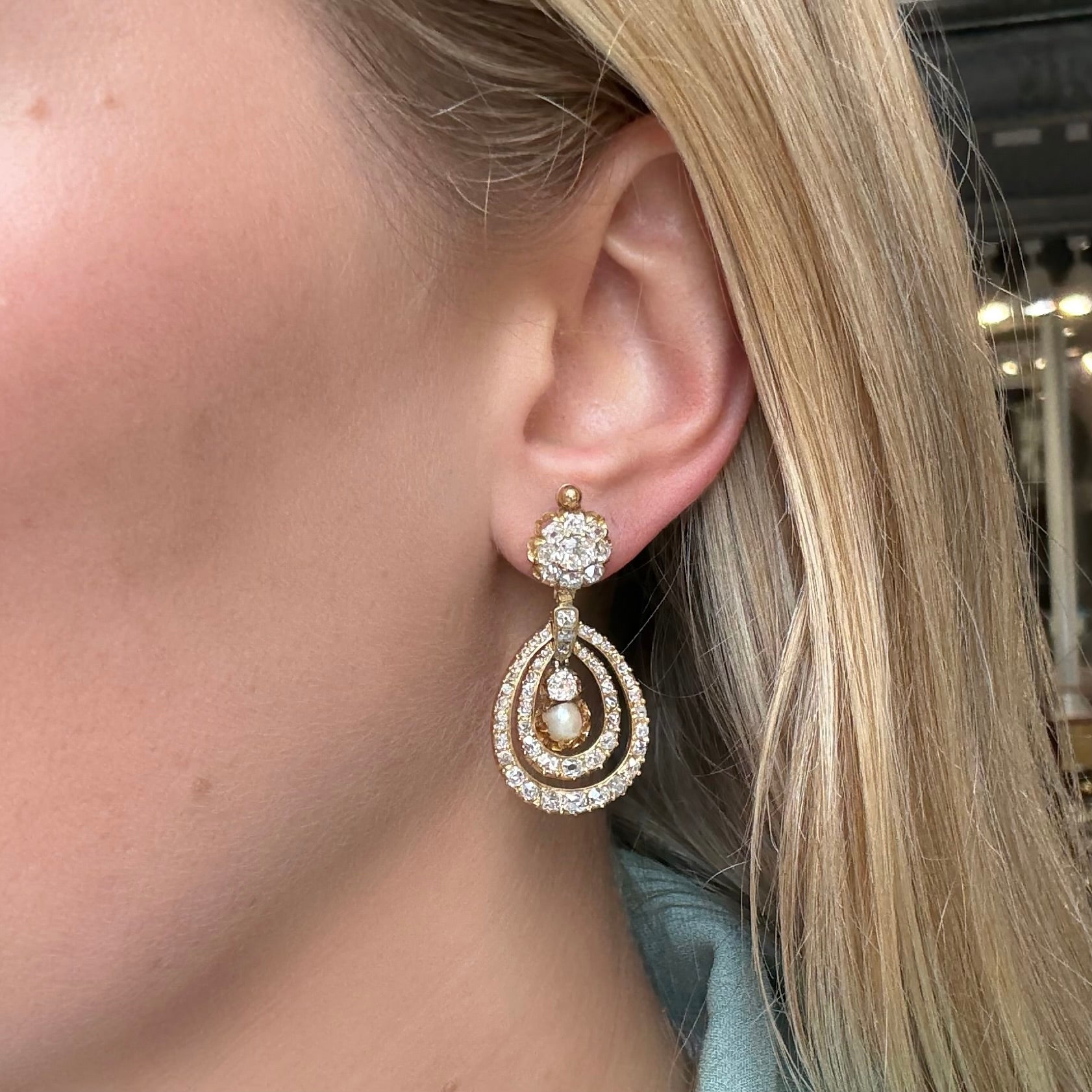 Victorian Diamond and Pearl Drop Earrings-Charlotte Sayers Antique Jewellery