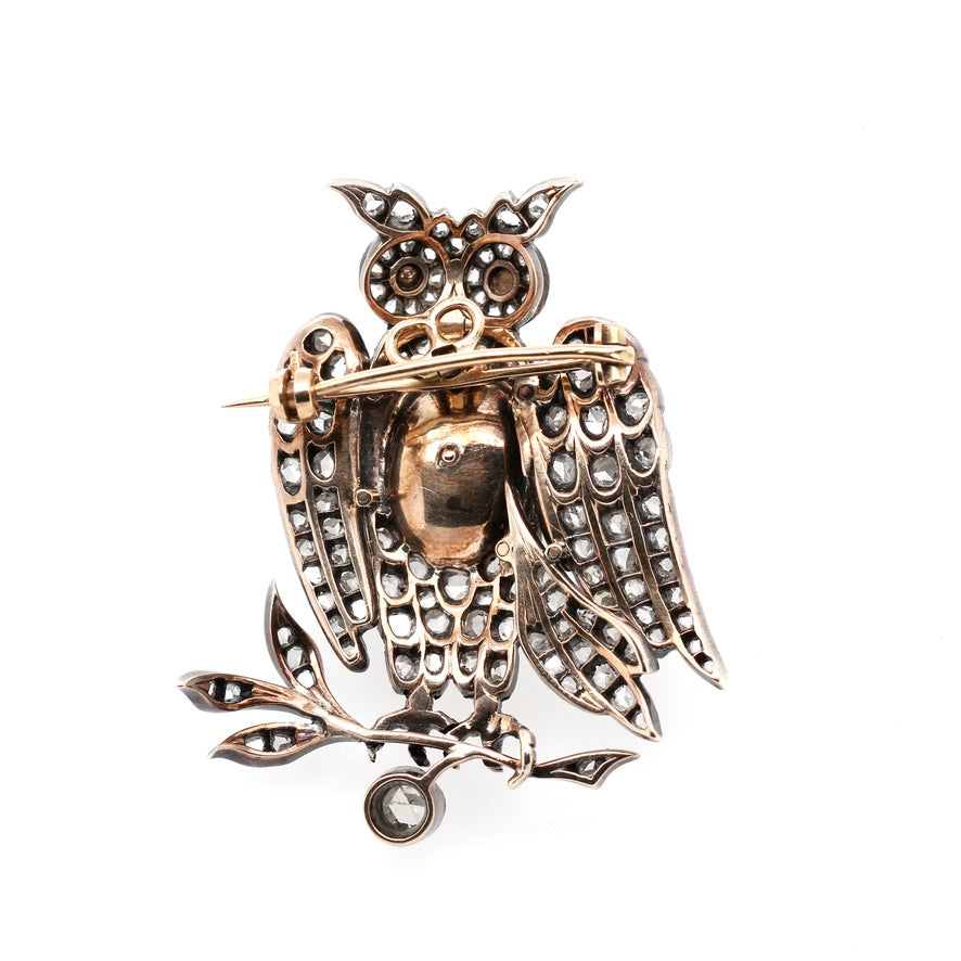 Victorian Diamond and Pearl Owl Brooch-Charlotte Sayers Antique Jewellery