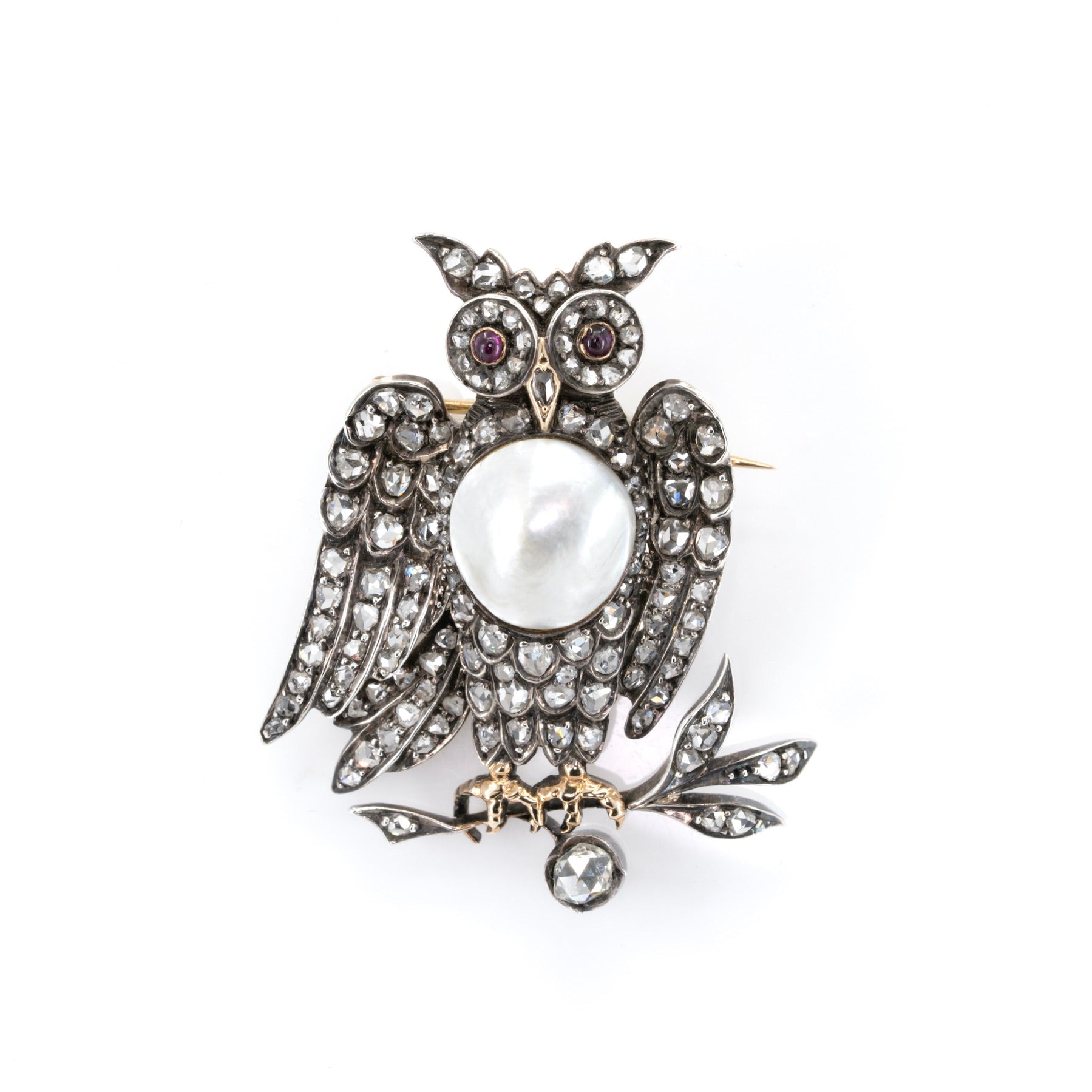 Victorian Diamond and Pearl Owl Brooch-Charlotte Sayers Antique Jewellery