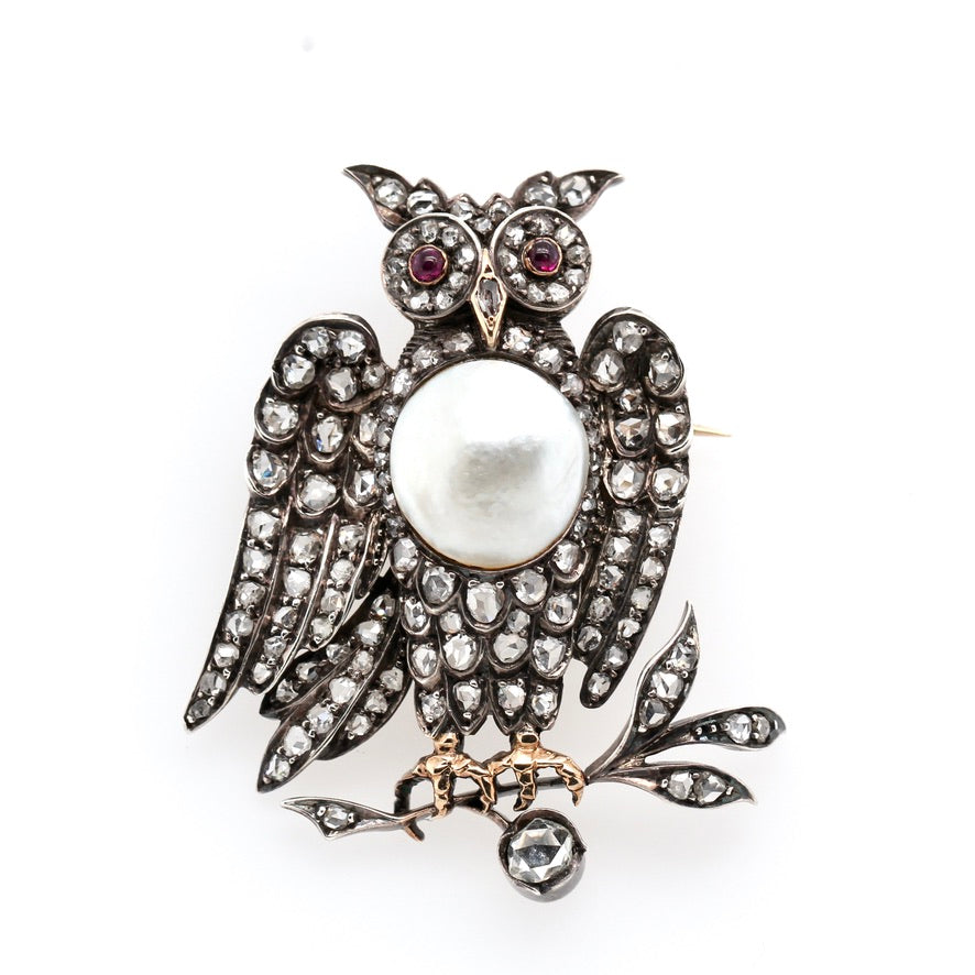 Victorian Diamond and Pearl Owl Brooch-Charlotte Sayers Antique Jewellery