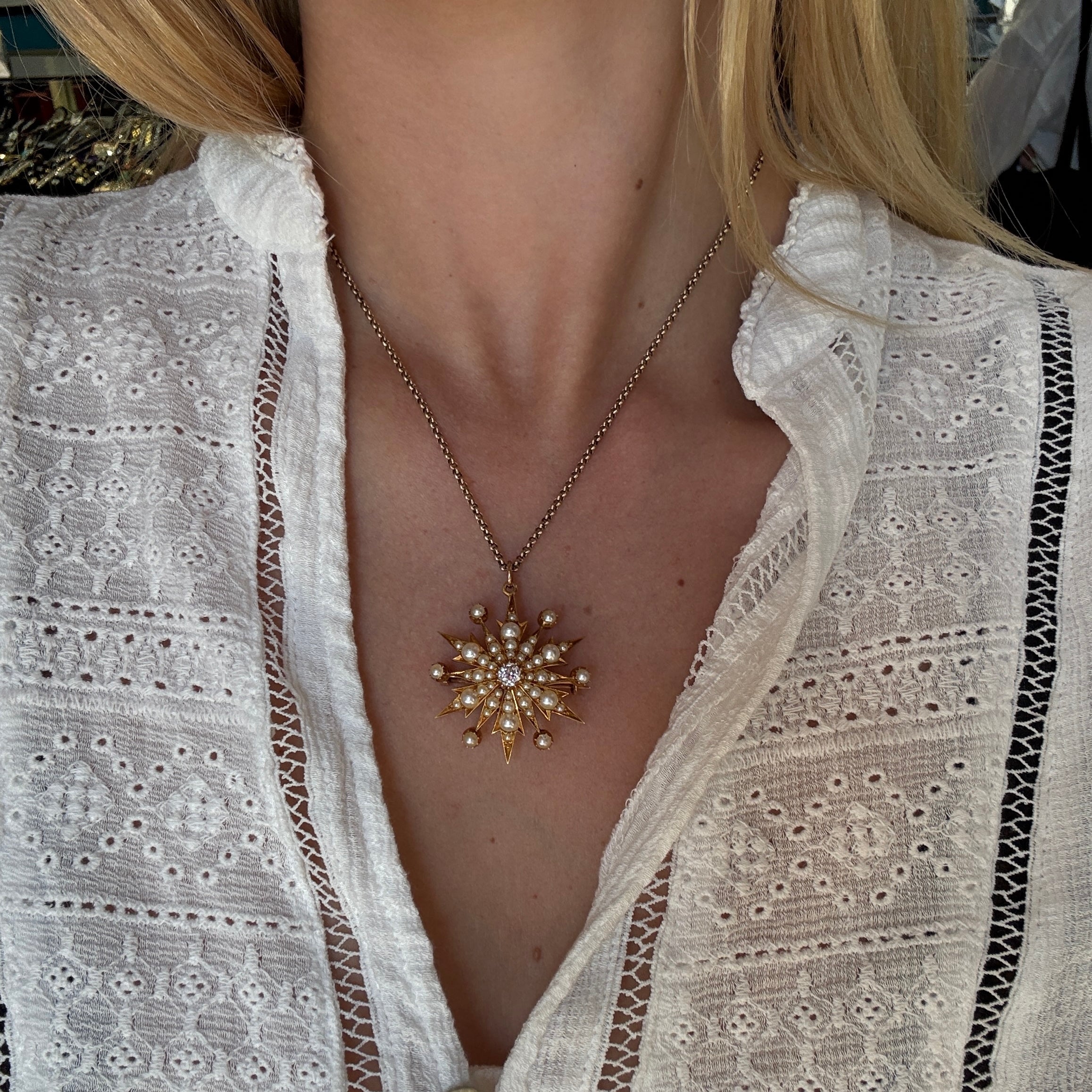 Victorian Diamond and Pearl Snowflake Brooch/Pendant-Charlotte Sayers Antique Jewellery