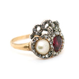 Victorian Double Heart Pearl and Garnet Inscribed Mourning Ring-Charlotte Sayers Antique Jewellery