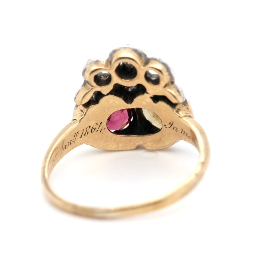 Victorian Double Heart Pearl and Garnet Inscribed Mourning Ring-Charlotte Sayers Antique Jewellery