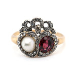 Victorian Double Heart Pearl and Garnet Inscribed Mourning Ring-Charlotte Sayers Antique Jewellery