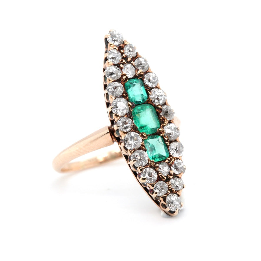 Victorian Emerald & Diamond Marquise Ring-Charlotte Sayers Antique Jewellery