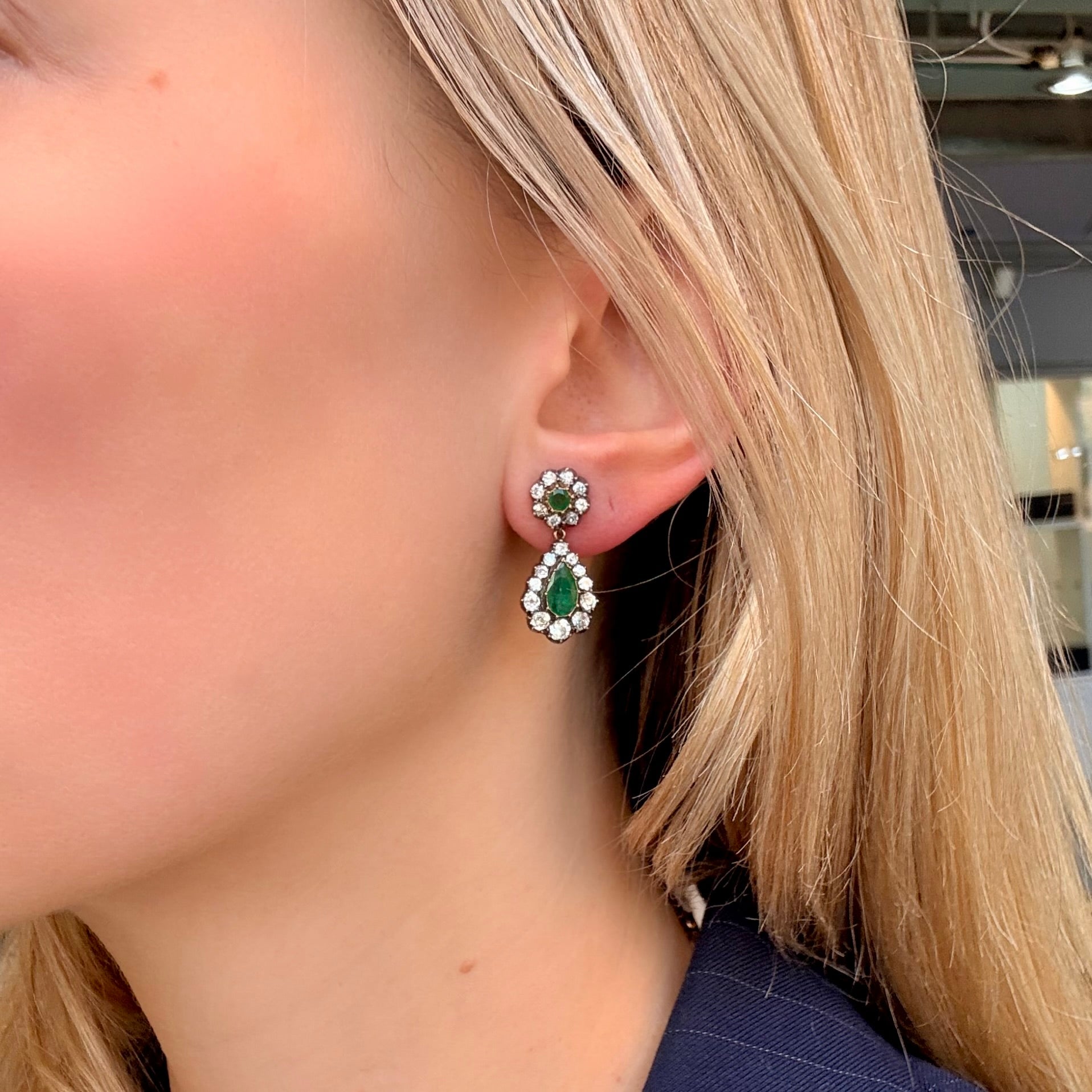 Victorian Emerald and Diamond Drop Earrings-Charlotte Sayers Antique Jewellery