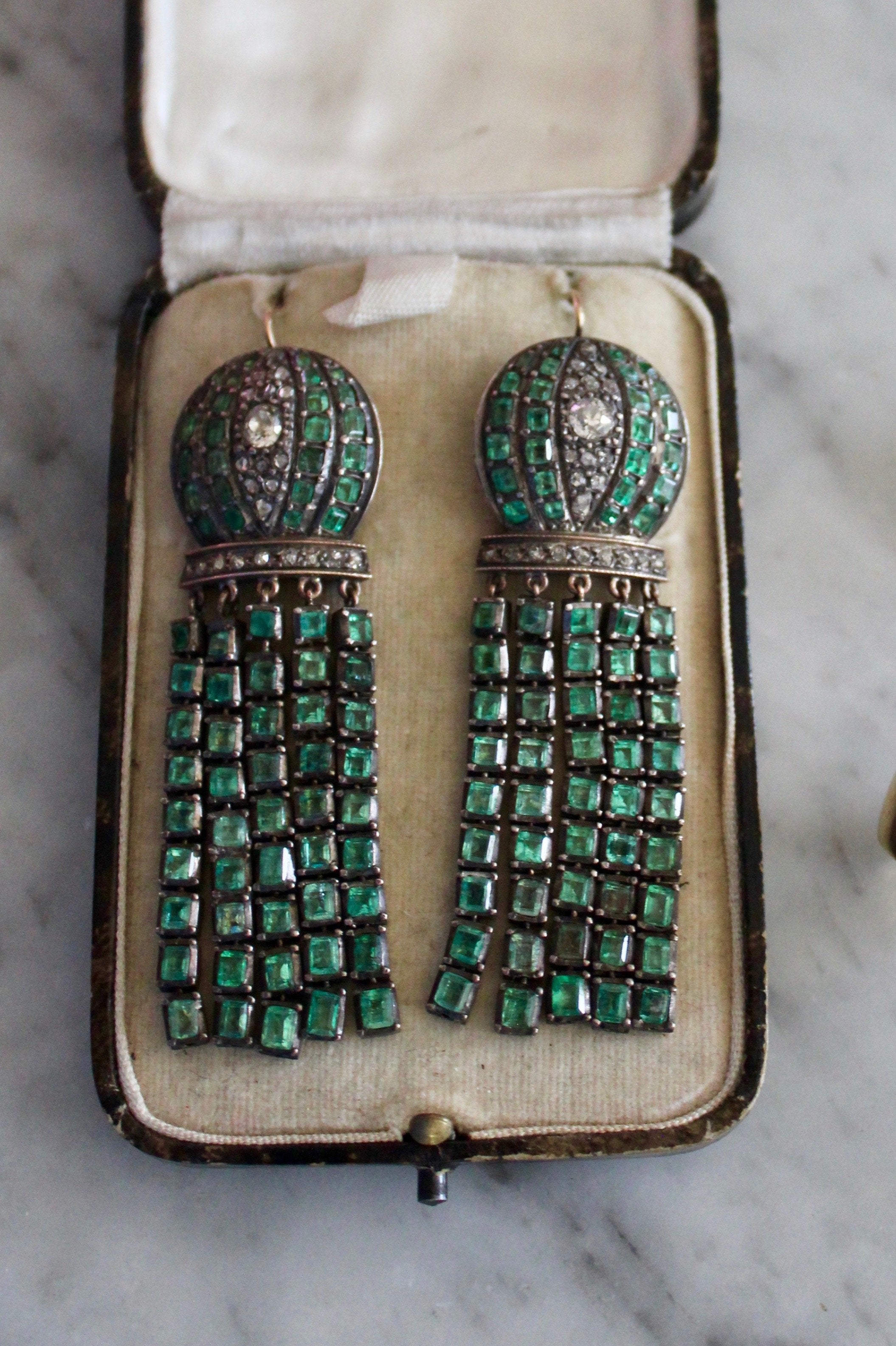 Victorian Emerald and Diamond Drop Earrings-Charlotte Sayers Antique Jewellery