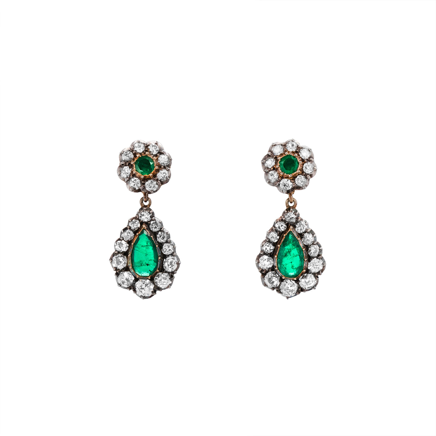 Victorian Emerald and Diamond Drop Earrings-Charlotte Sayers Antique Jewellery