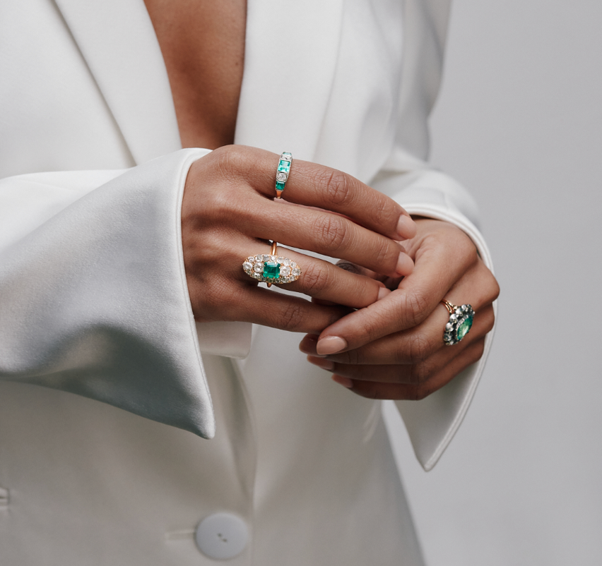 Victorian Emerald and Diamond Marquise Ring-Charlotte Sayers Antique Jewellery