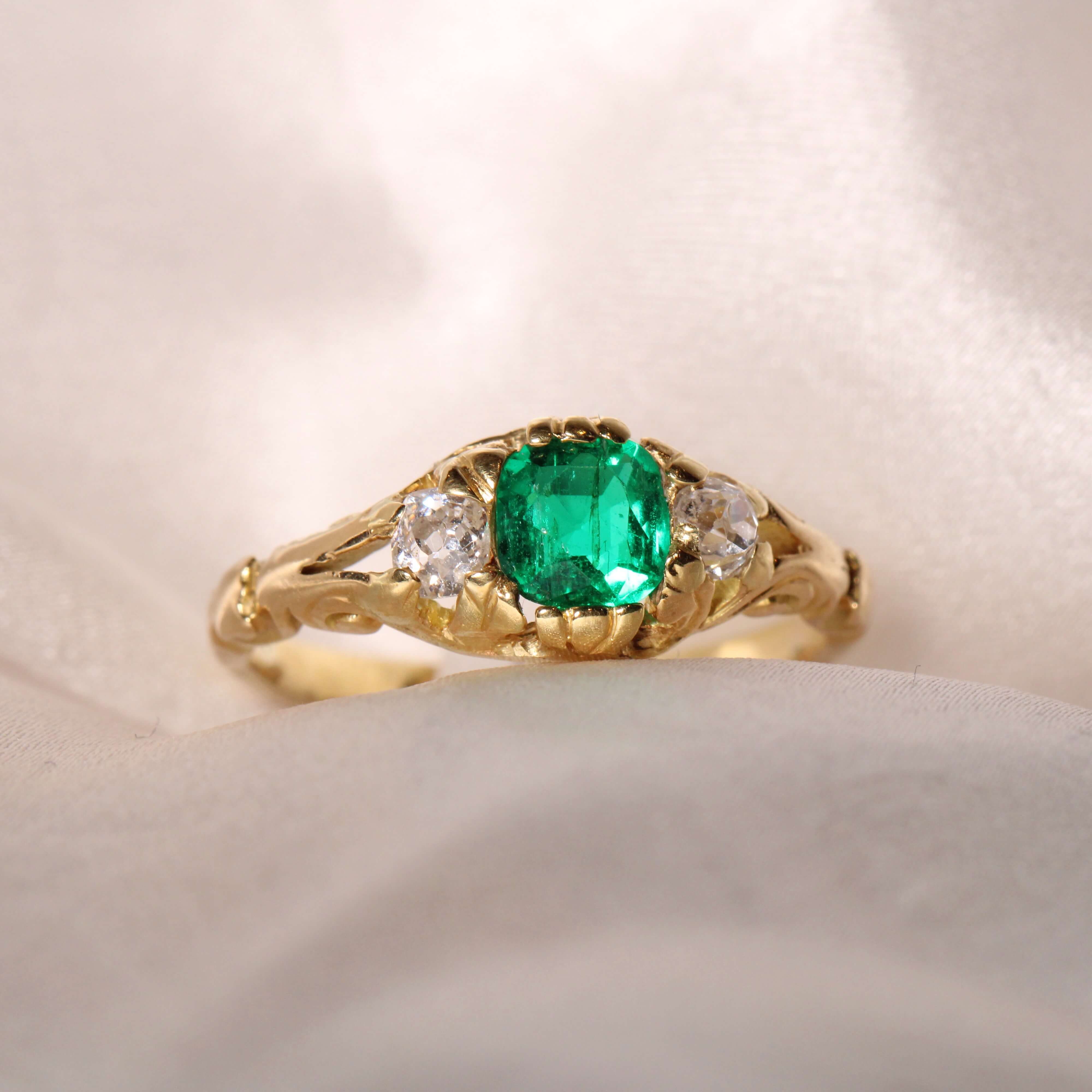 Victorian Emerald and Diamond Three Stone Ring-Charlotte Sayers Antique Jewellery