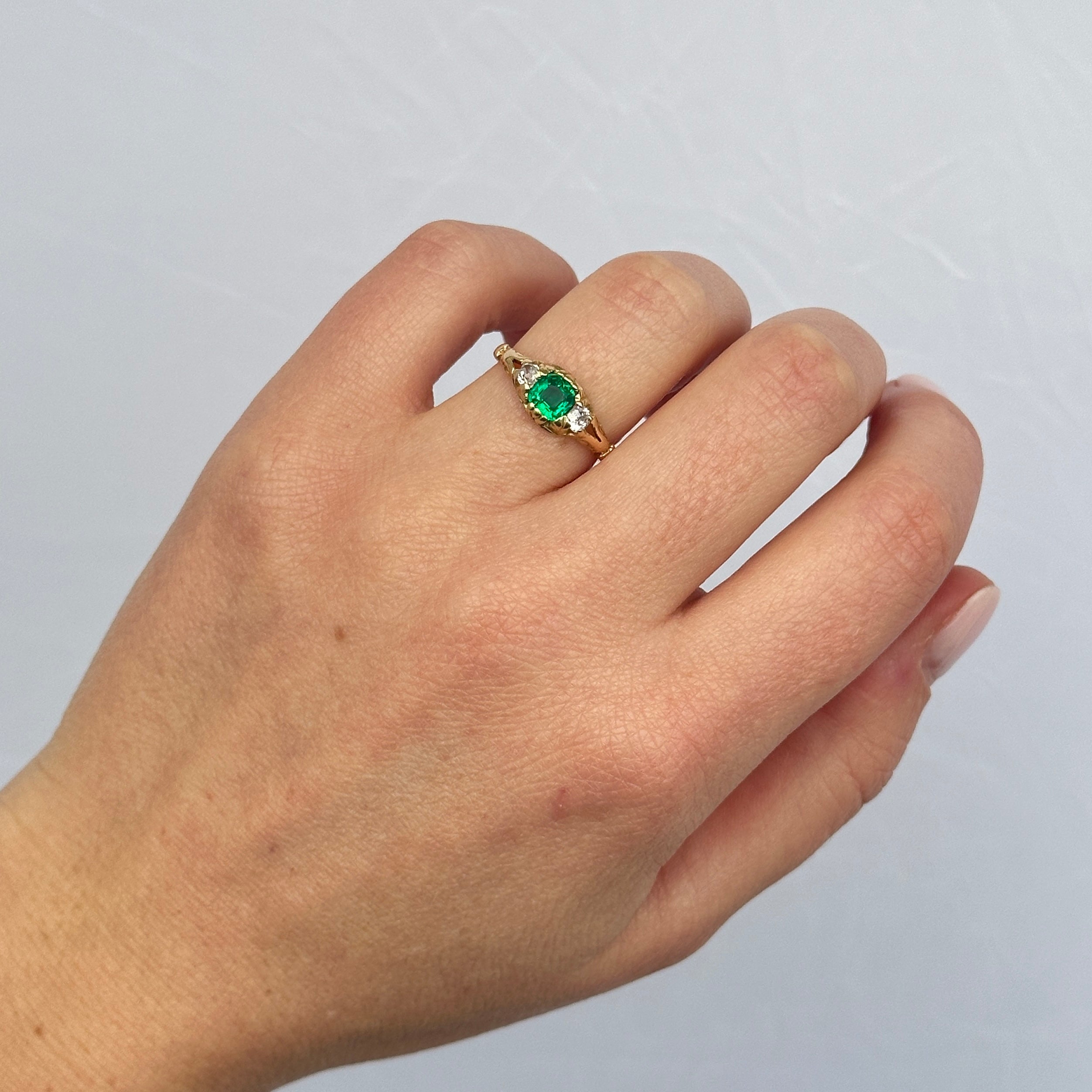 Victorian Emerald and Diamond Three Stone Ring-Charlotte Sayers Antique Jewellery