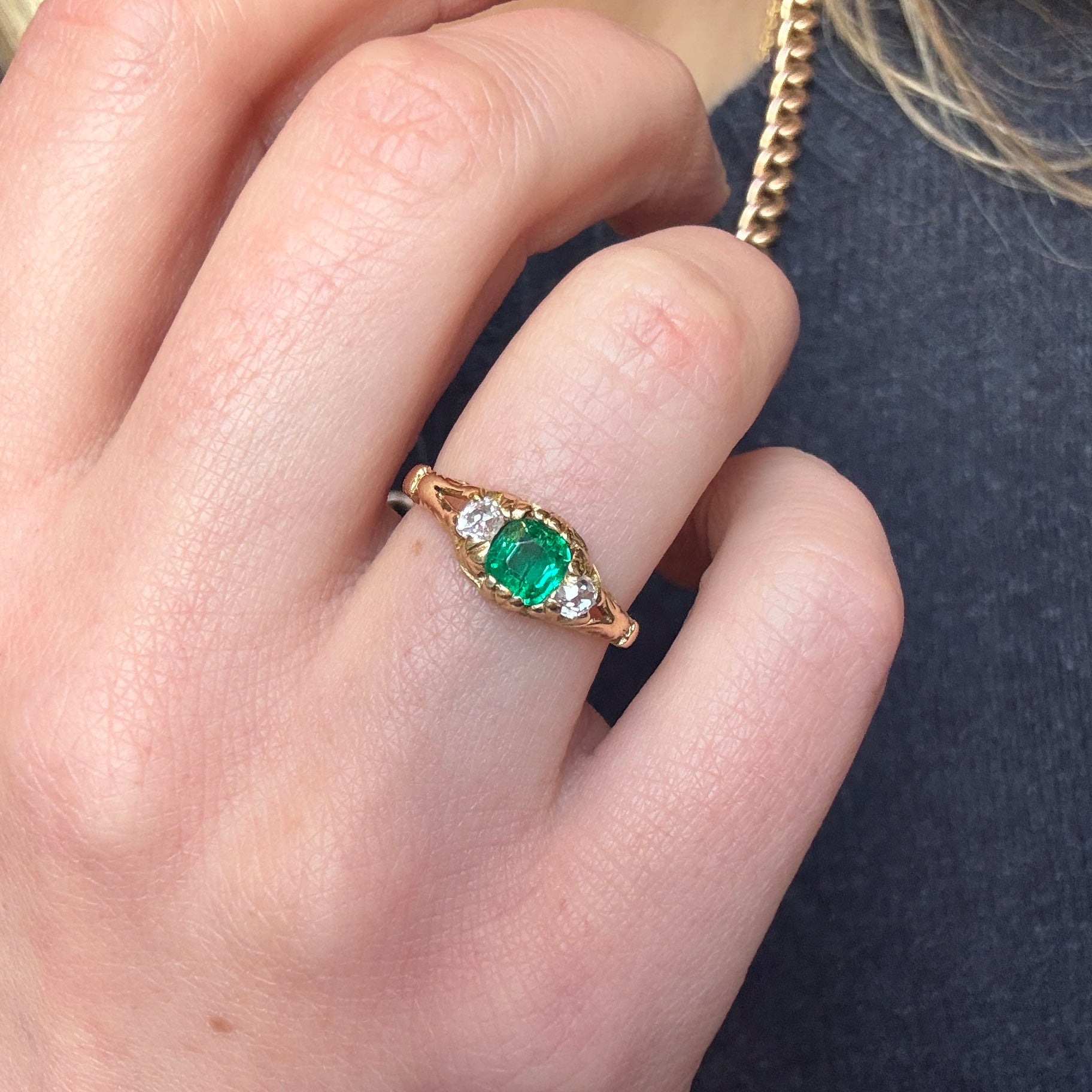 Victorian Emerald and Diamond Three Stone Ring-Charlotte Sayers Antique Jewellery