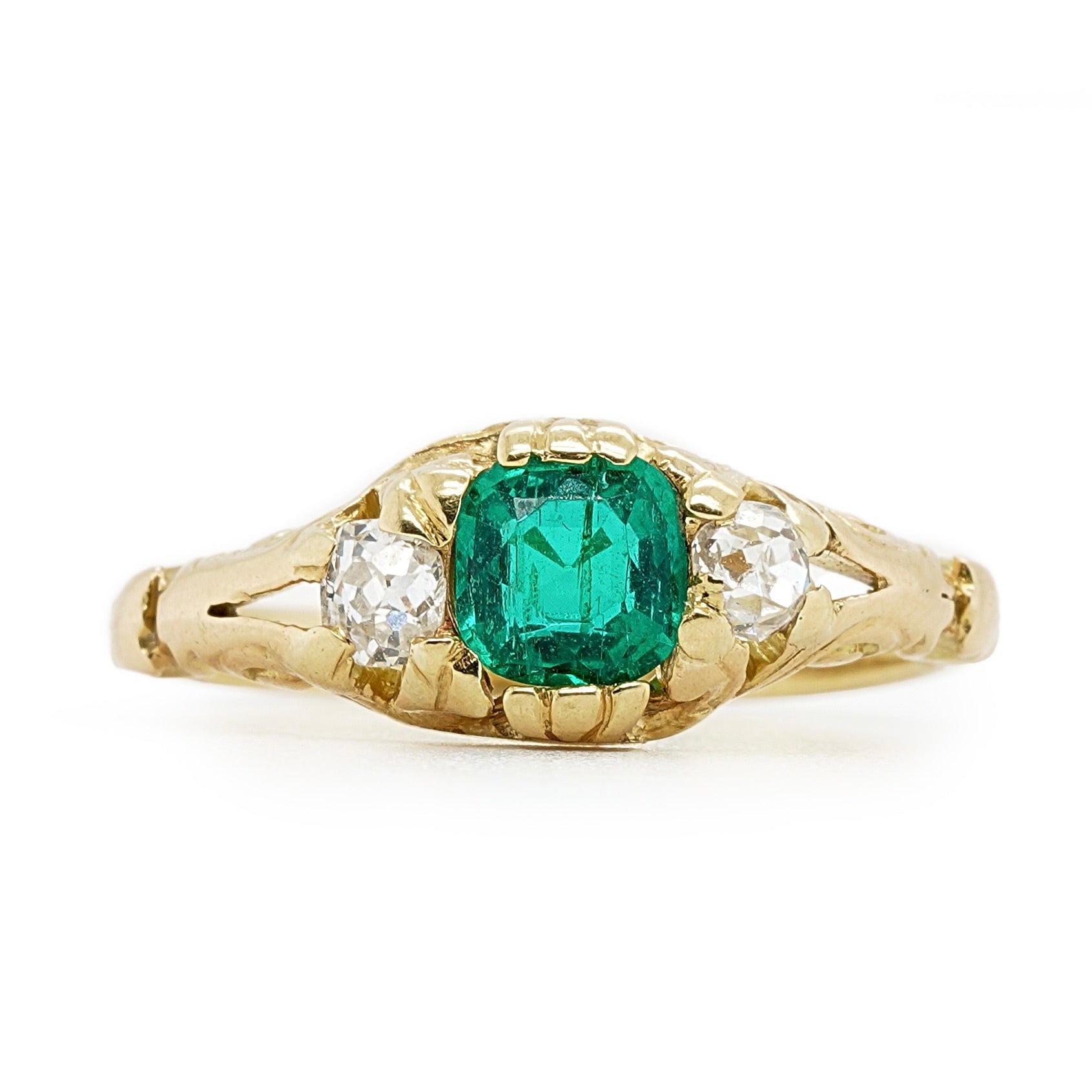 Victorian Emerald and Diamond Three Stone Ring-Charlotte Sayers Antique Jewellery