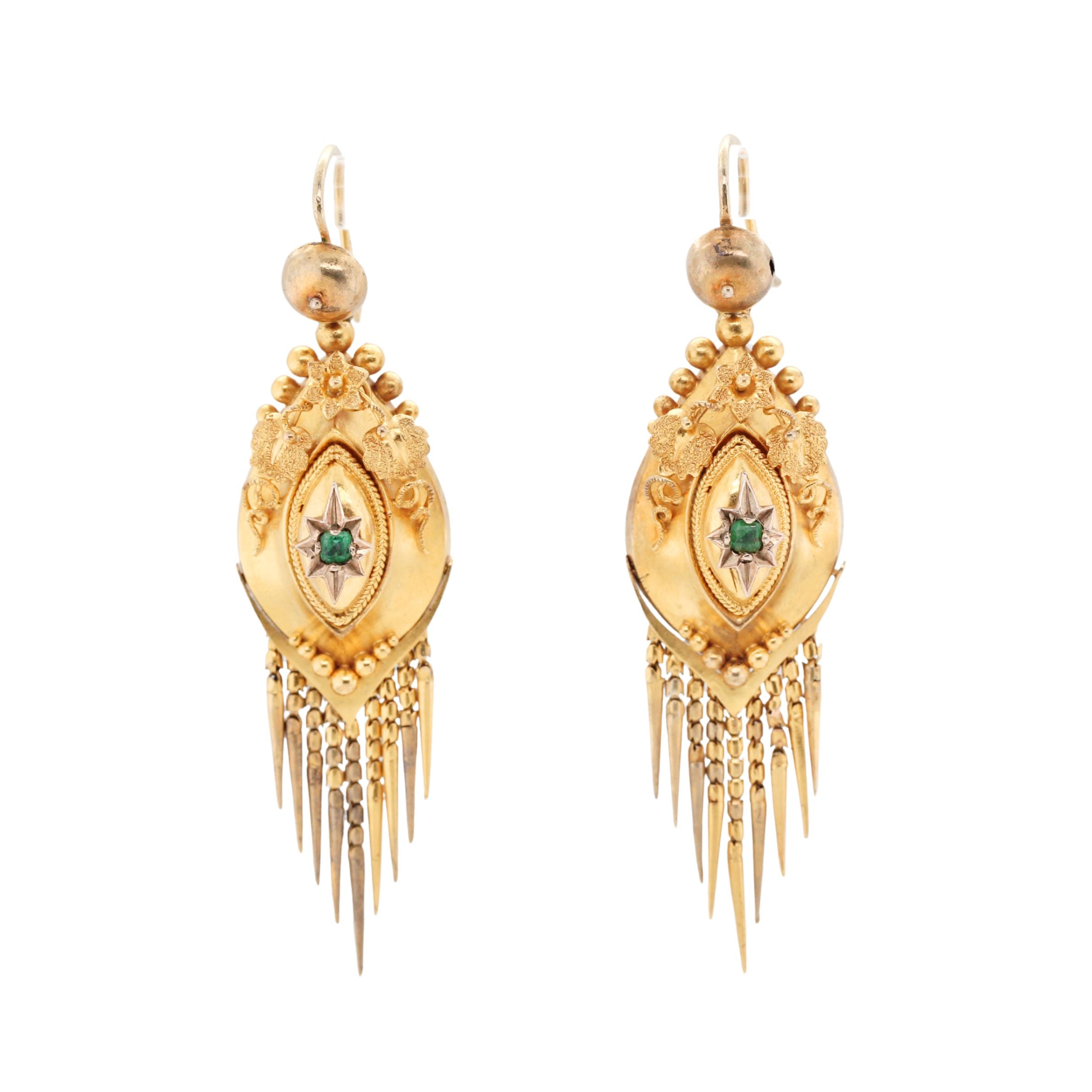 Victorian Emerald and Gold Tassel Earrings-Charlotte Sayers Antique Jewellery