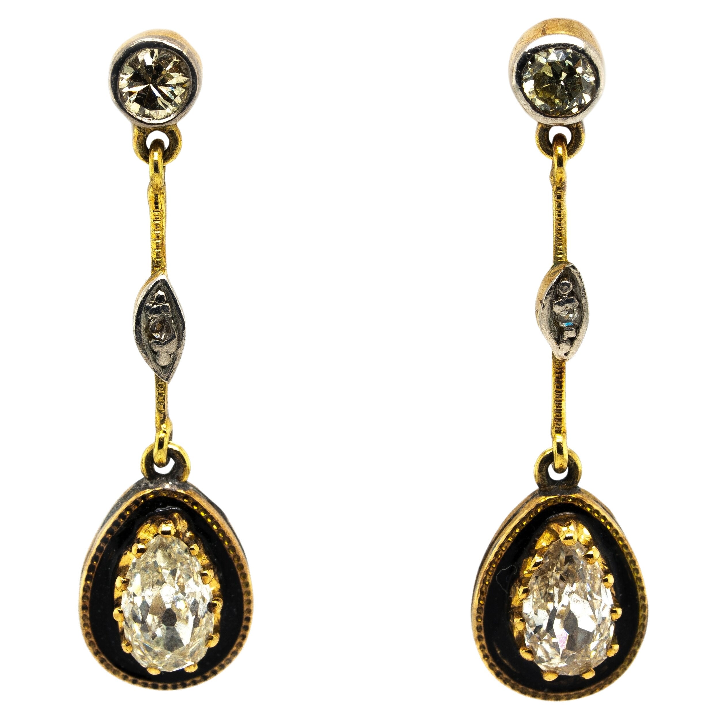 Victorian Enamel Diamond Drop Earrings-Charlotte Sayers Antique Jewellery