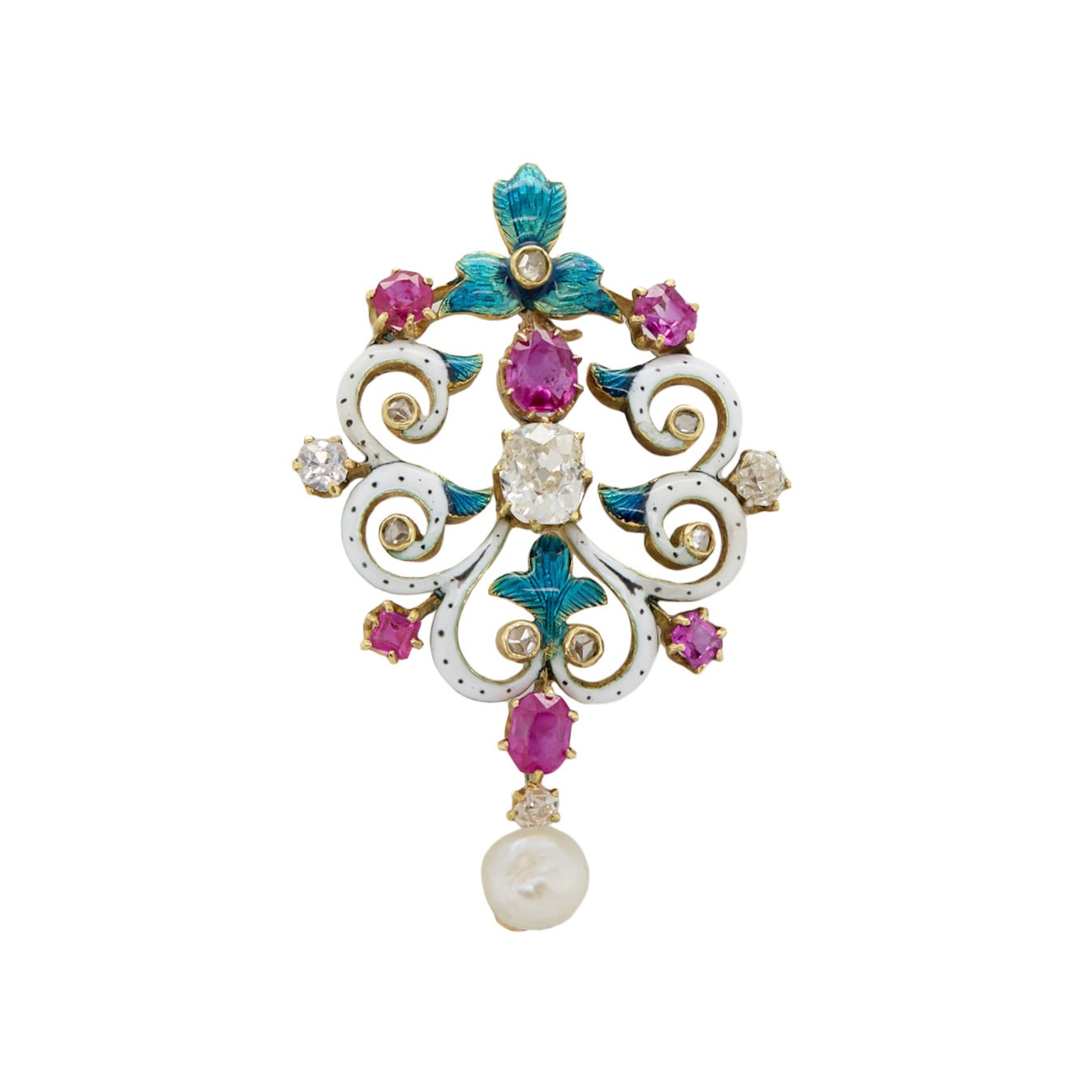 Victorian Enamel Diamond Ruby and Pearl Pendant-Charlotte Sayers Antique Jewellery