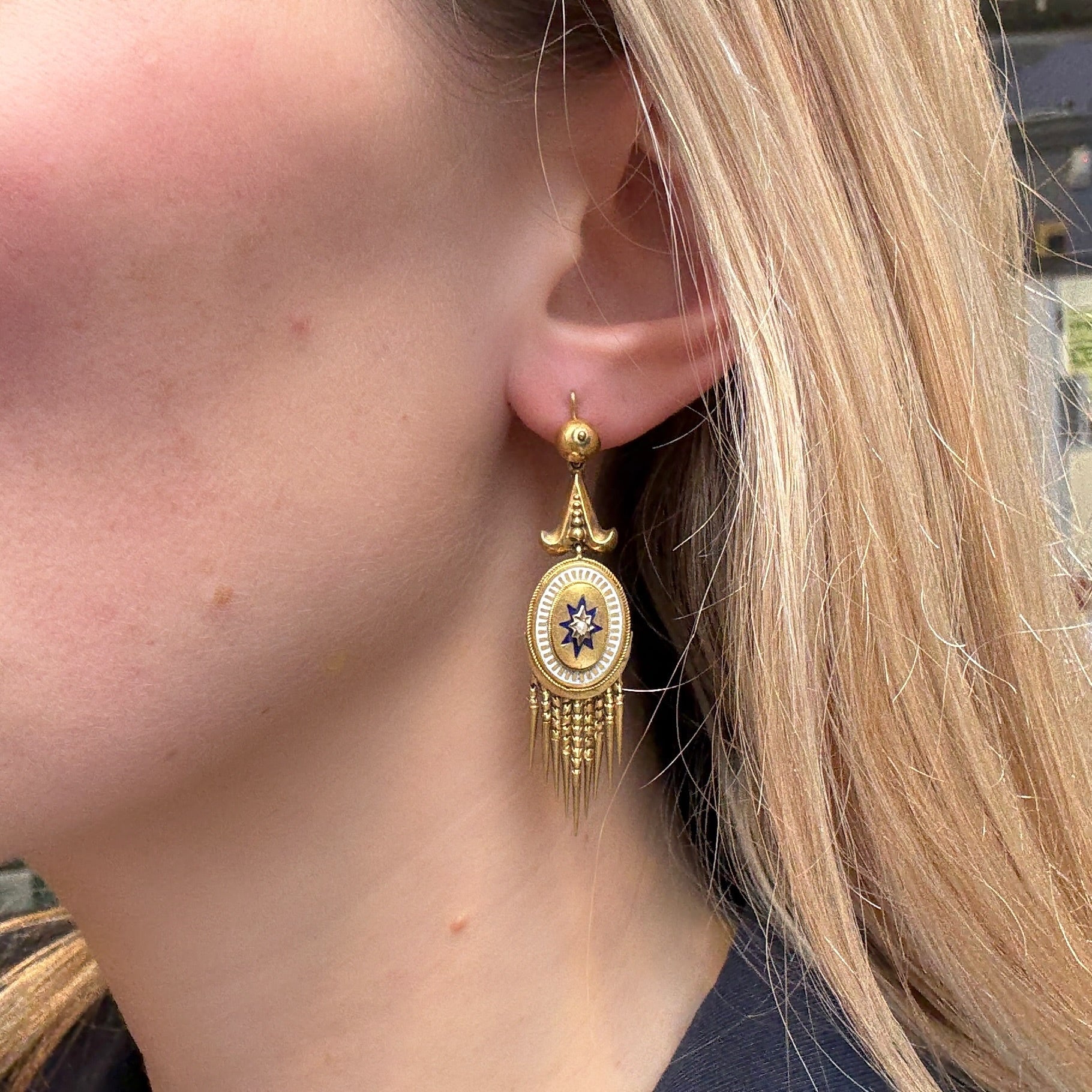 Victorian Enamel and Pearl Tassel Earrings-Charlotte Sayers Antique Jewellery