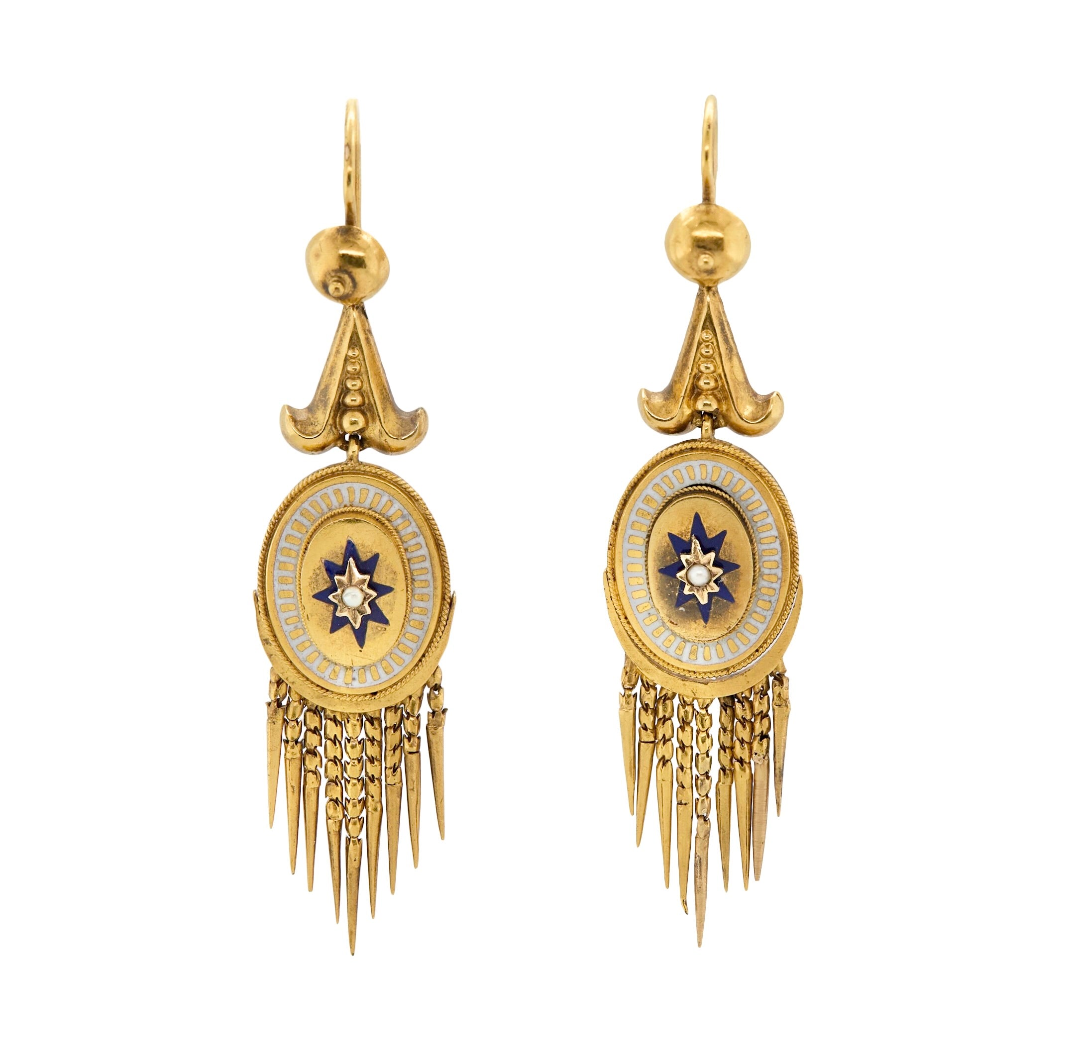Victorian Enamel and Pearl Tassel Earrings-Charlotte Sayers Antique Jewellery