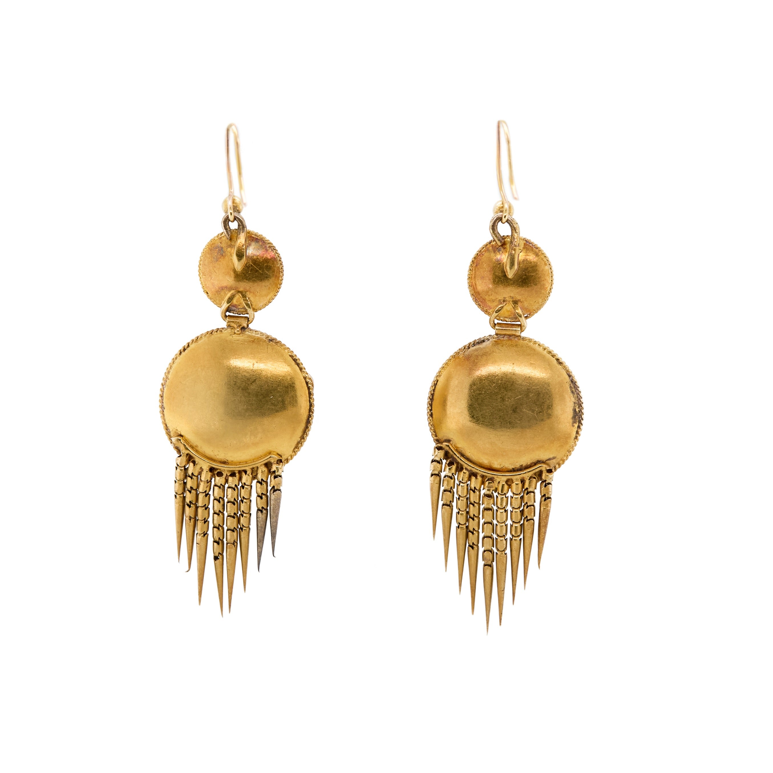 Victorian Etruscan Revival Garnet Tassel Earrings-Charlotte Sayers Antique Jewellery