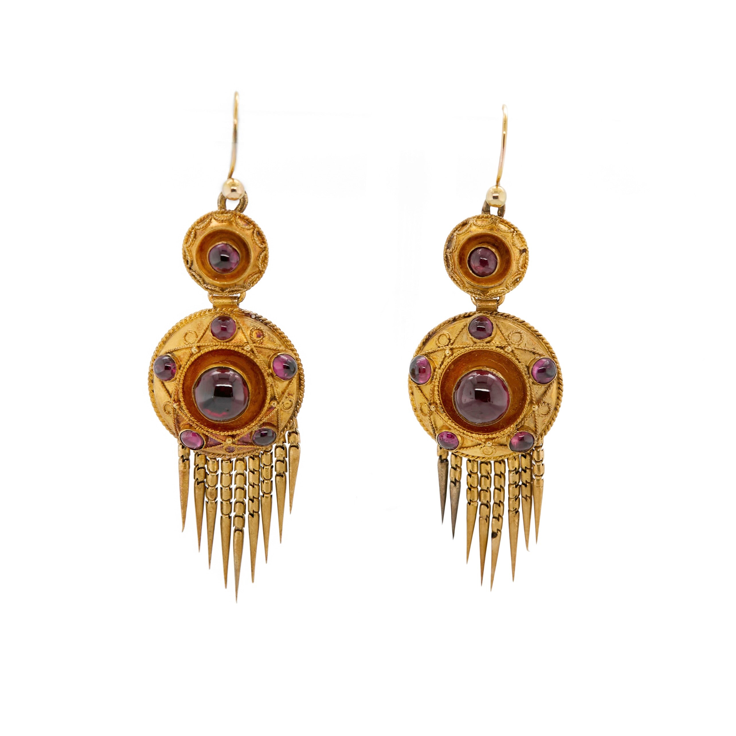 Victorian Etruscan Revival Garnet Tassel Earrings-Charlotte Sayers Antique Jewellery