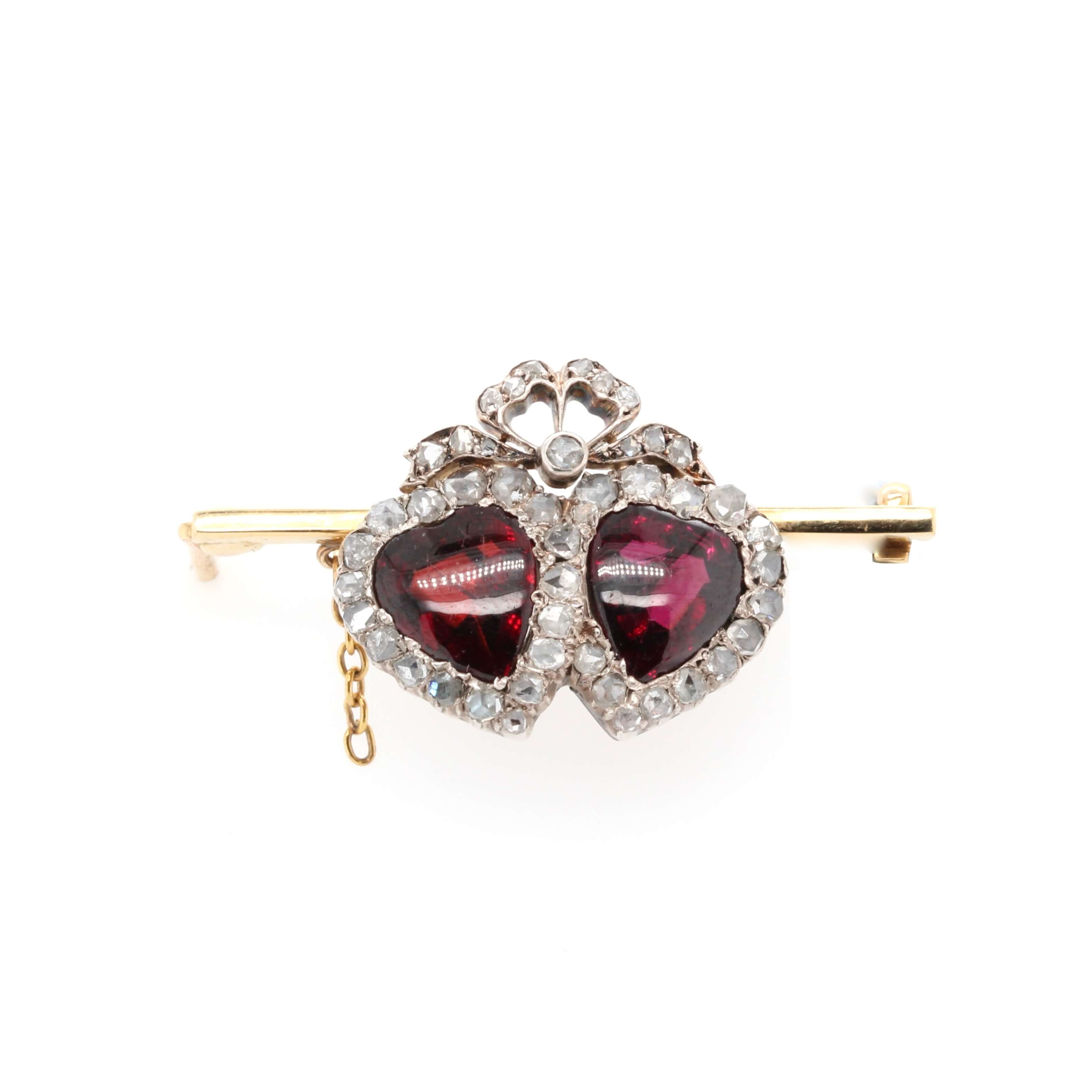 Victorian Garnet and Diamond Double Heart Brooch-Charlotte Sayers Antique Jewellery