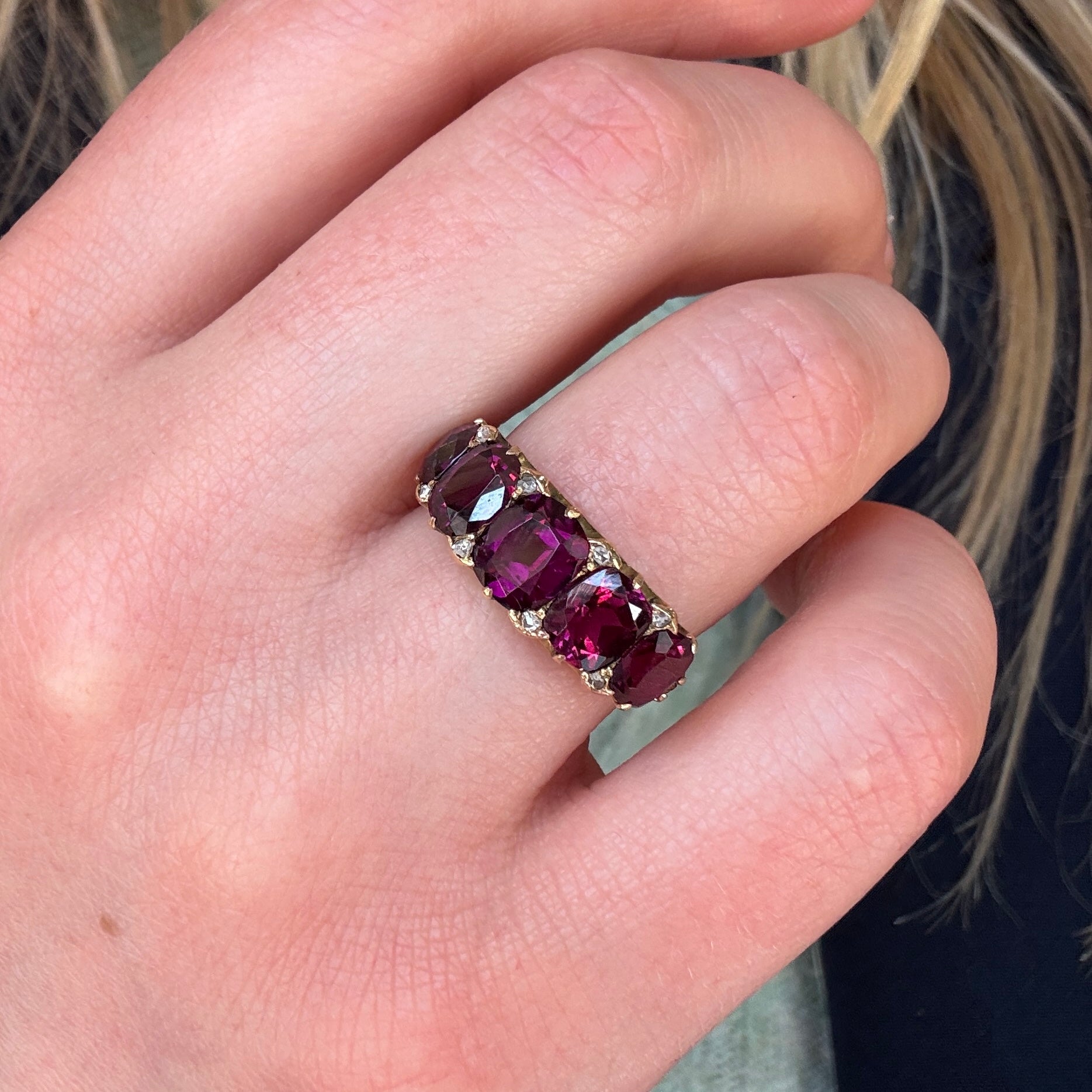 Victorian Garnet and Diamond Line Ring-Charlotte Sayers Antique Jewellery