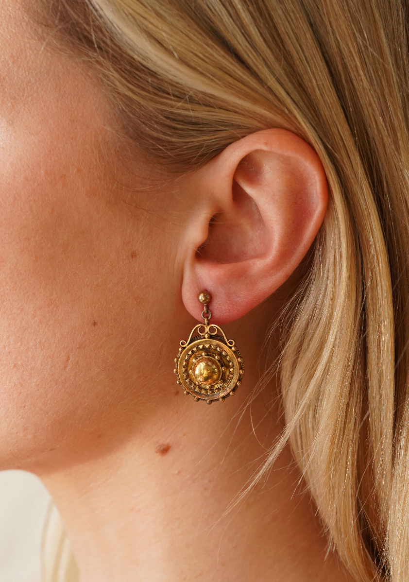 Victorian Gold Circular Earrings-Charlotte Sayers Antique Jewellery