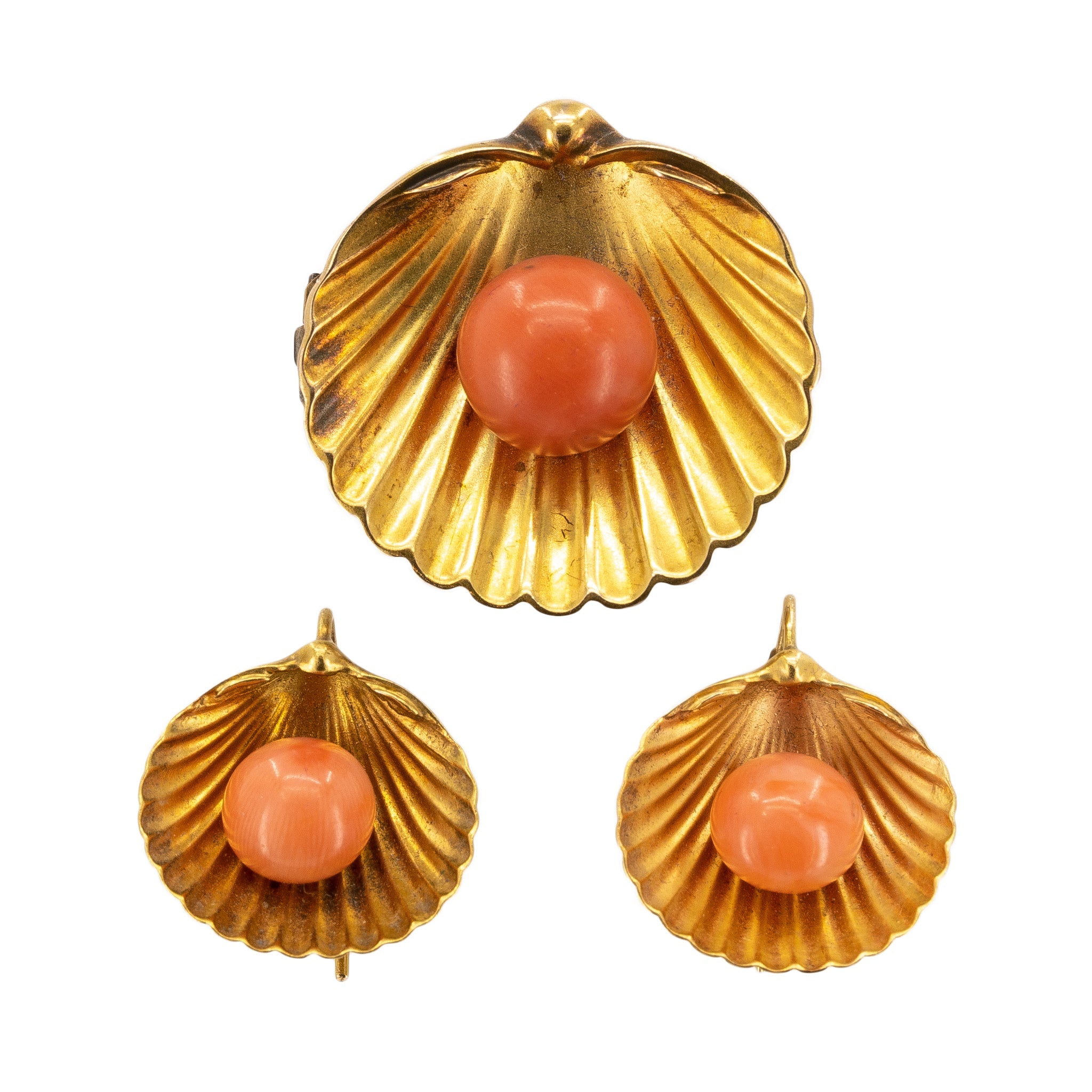 Victorian Gold Coral Shell Earrings and Brooch Suite-Charlotte Sayers Antique Jewellery