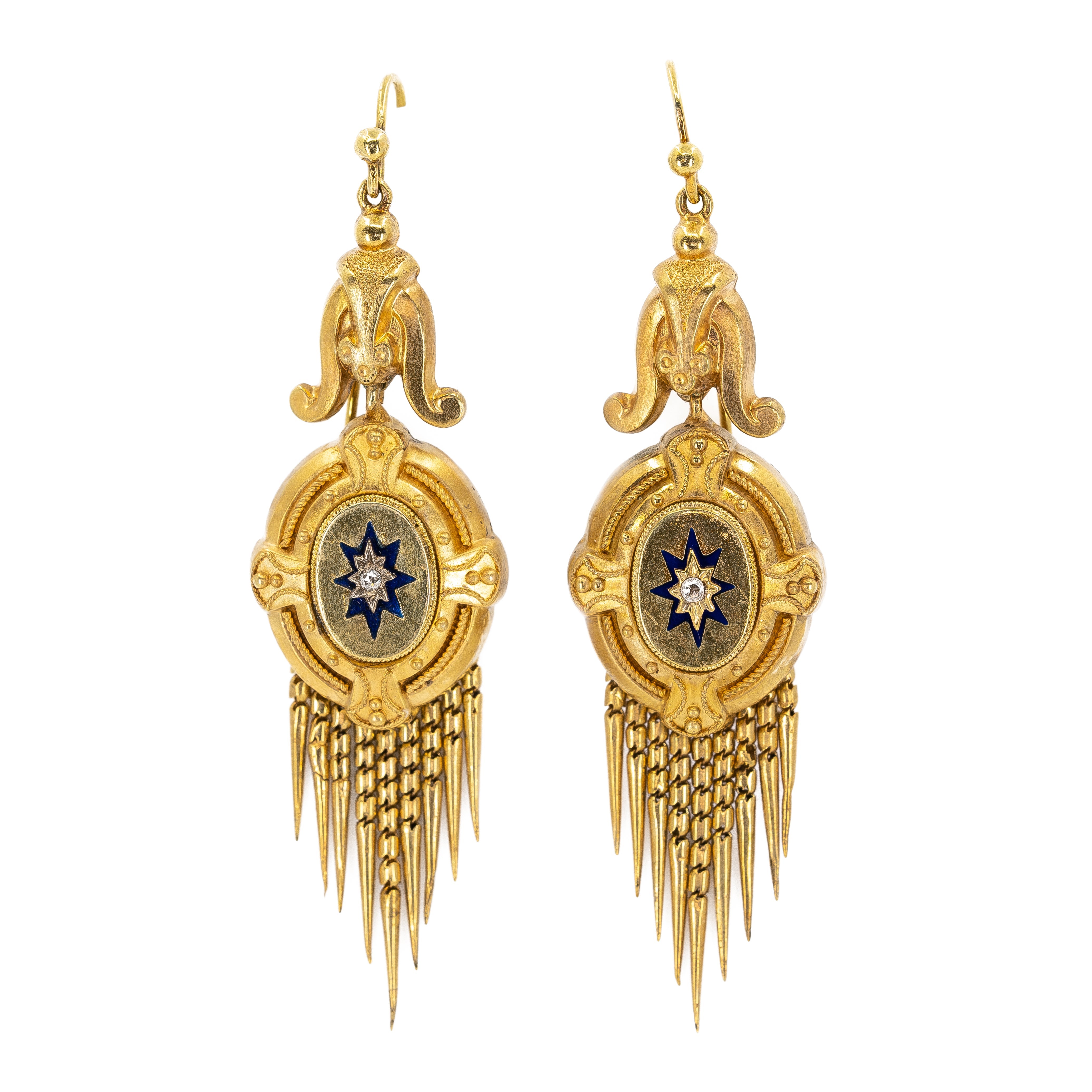 Victorian Gold Enamel and Diamond Tassel Drop Earrings-Charlotte Sayers Antique Jewellery