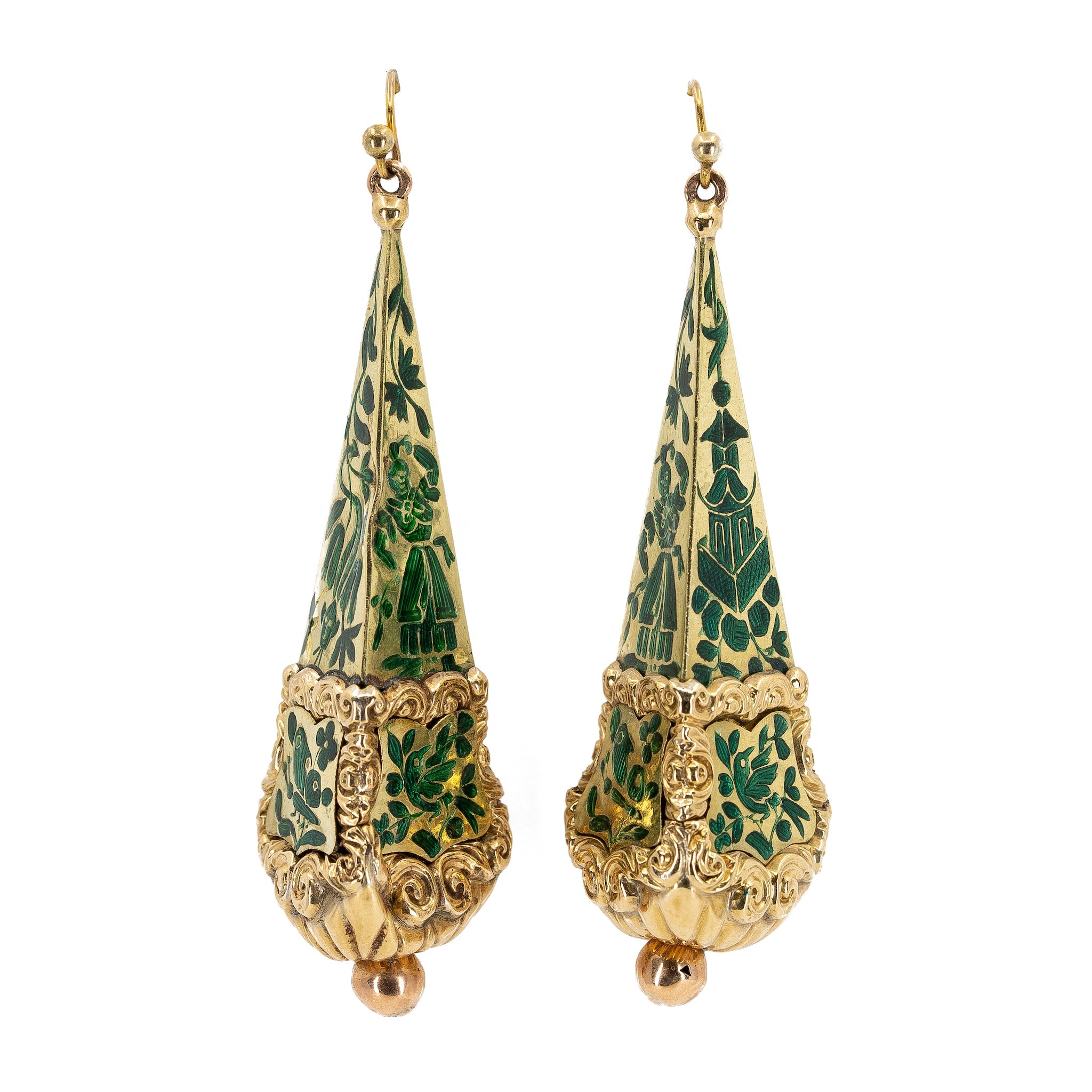 Victorian Green Enamel and Gold Earrings-Charlotte Sayers Antique Jewellery