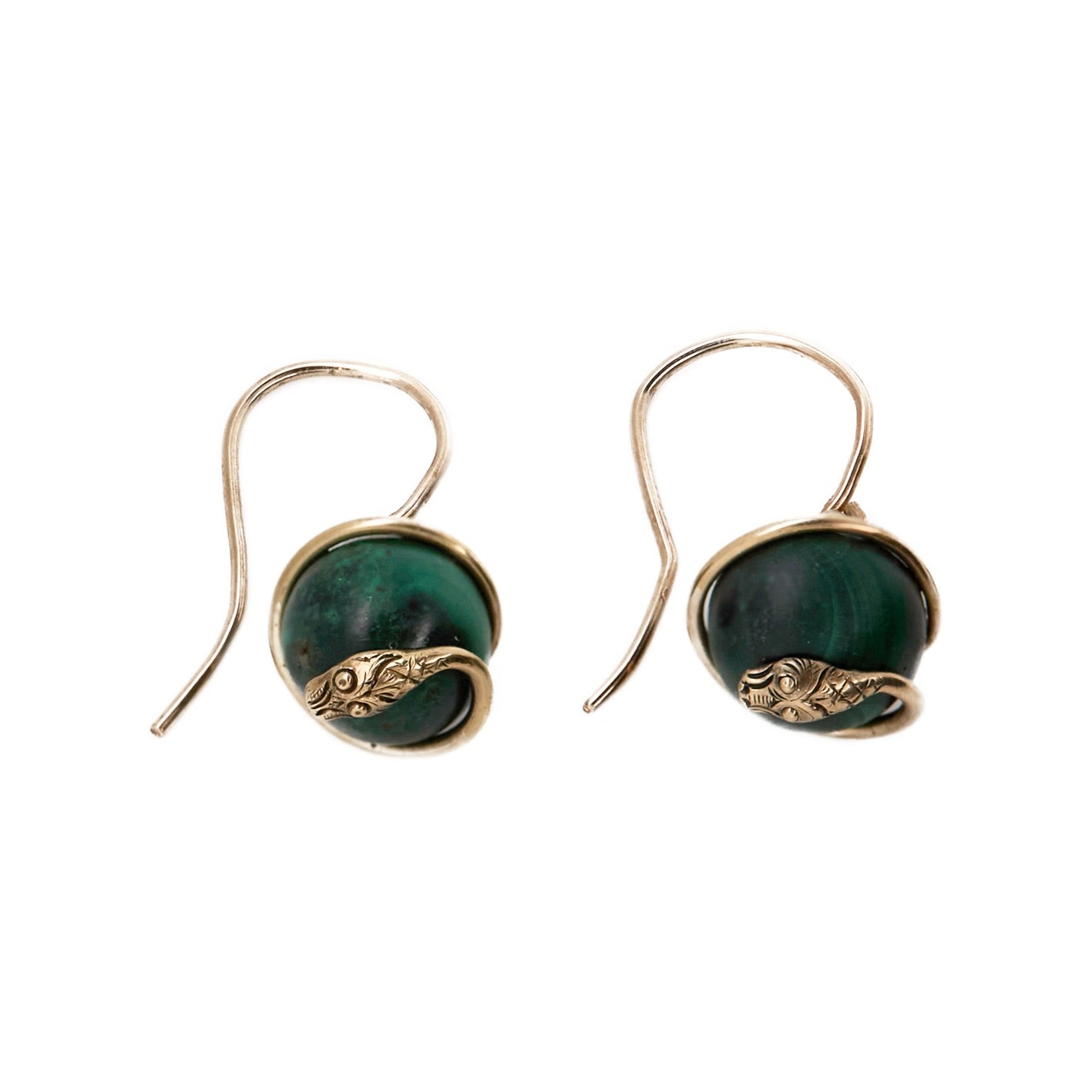 Victorian Malachite Snake Earrings-Charlotte Sayers Antique Jewellery