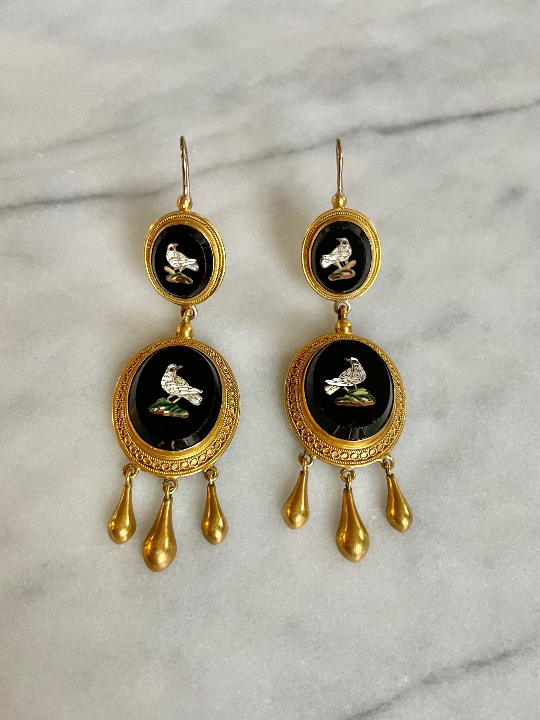 Victorian Micro Mosaic Bird Drop Earrings-Charlotte Sayers Antique Jewellery