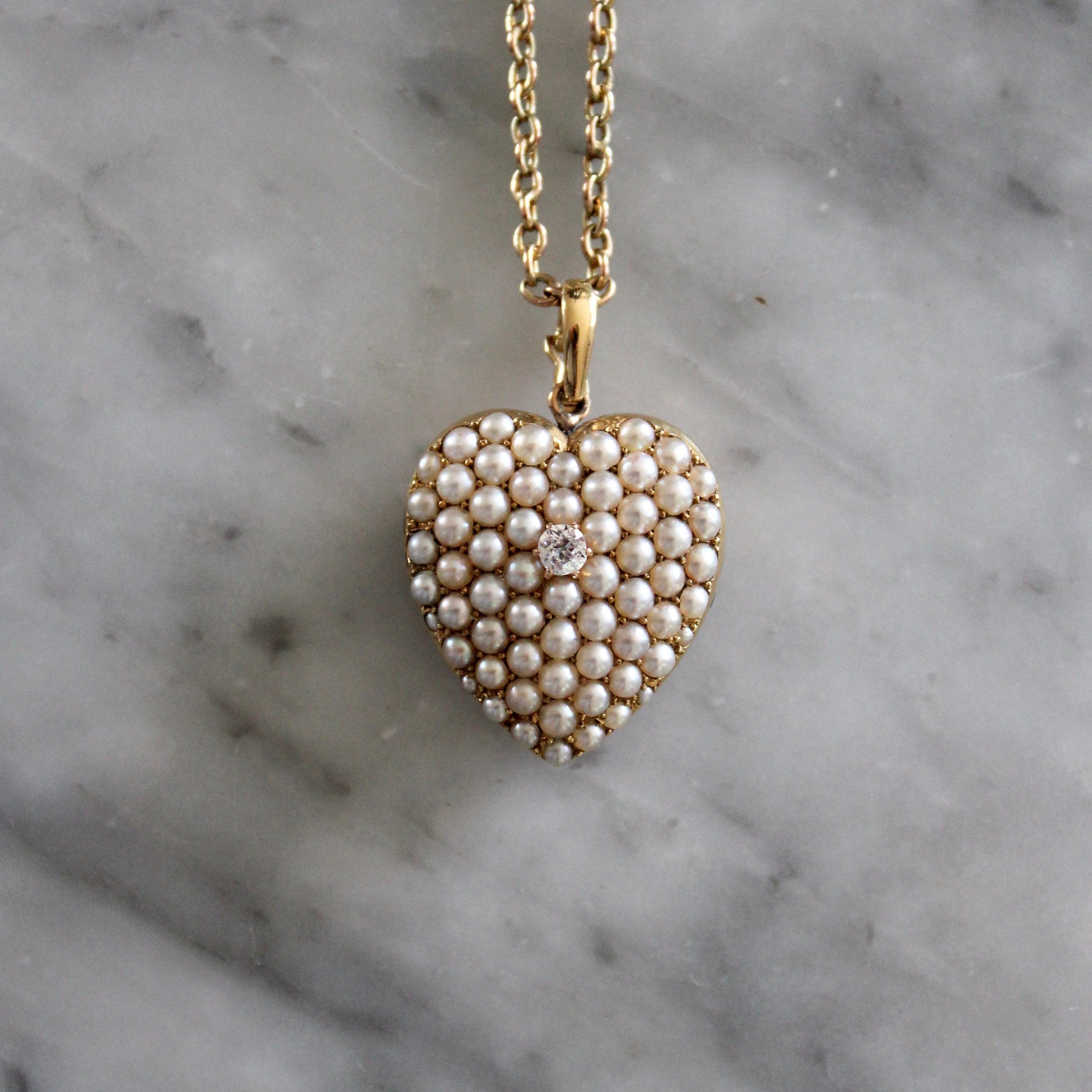 Victorian Natural Pearl and Diamond Pavè Heart Pendant-Charlotte Sayers Antique Jewellery