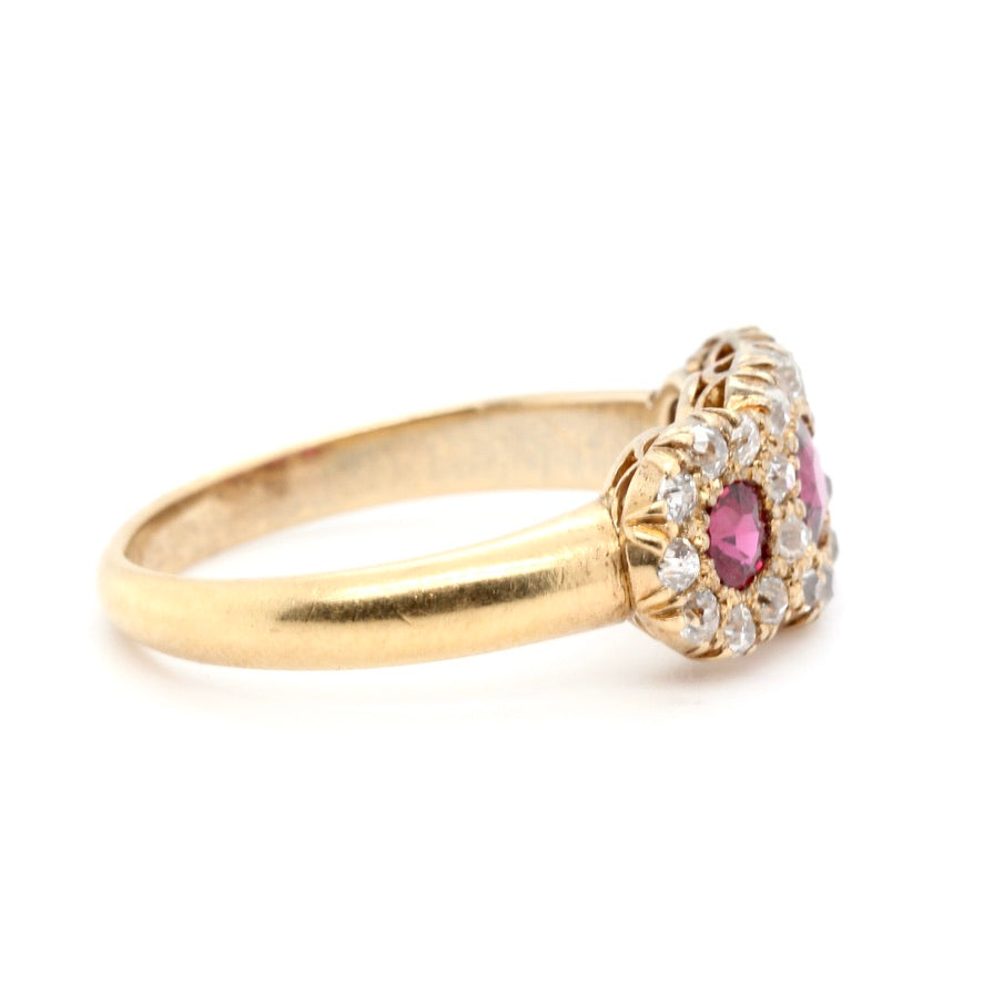 Victorian Old Cut Diamond Ruby Triple Cluster Ring-Charlotte Sayers Antique Jewellery