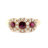 Victorian Old Cut Diamond Ruby Triple Cluster Ring-Charlotte Sayers Antique Jewellery