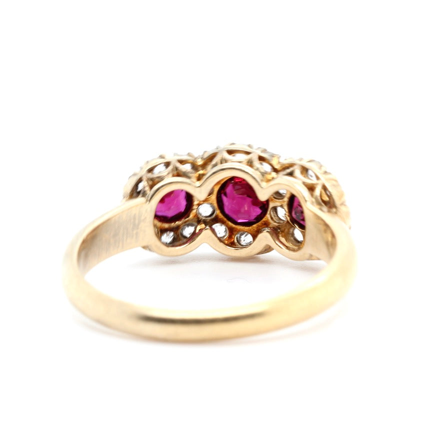 Victorian Old Cut Diamond Ruby Triple Cluster Ring-Charlotte Sayers Antique Jewellery