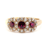 Victorian Old Cut Diamond Ruby Triple Cluster Ring-Charlotte Sayers Antique Jewellery