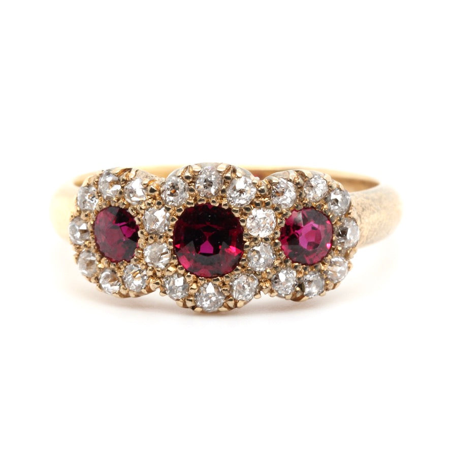 Victorian Old Cut Diamond Ruby Triple Cluster Ring-Charlotte Sayers Antique Jewellery