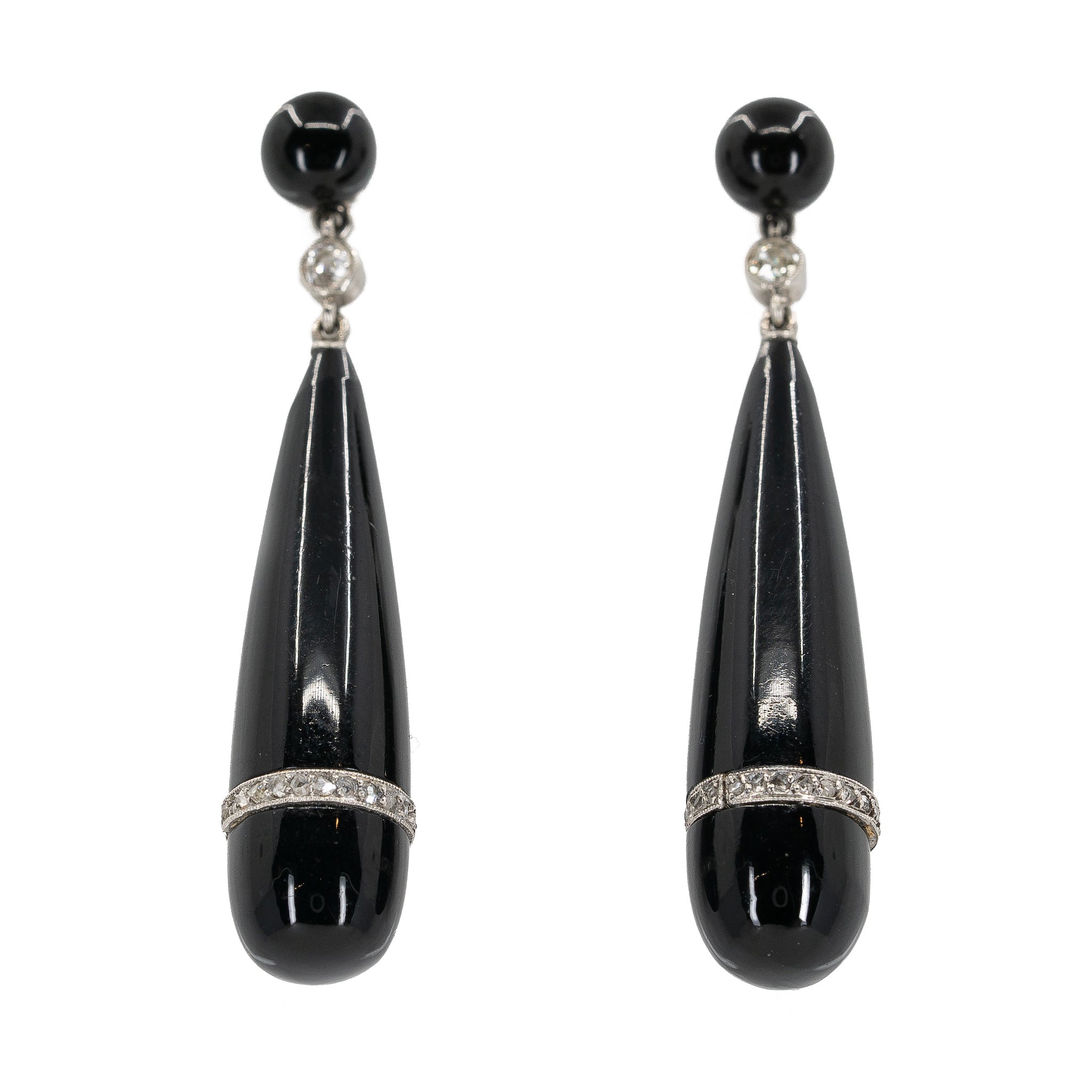 Victorian Onyx and Diamond Drop Earrings-Charlotte Sayers Antique Jewellery